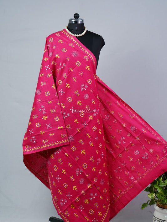 Hand-Embroidered Kantha - Stitch Dupatta | Pure Cotton | Pink