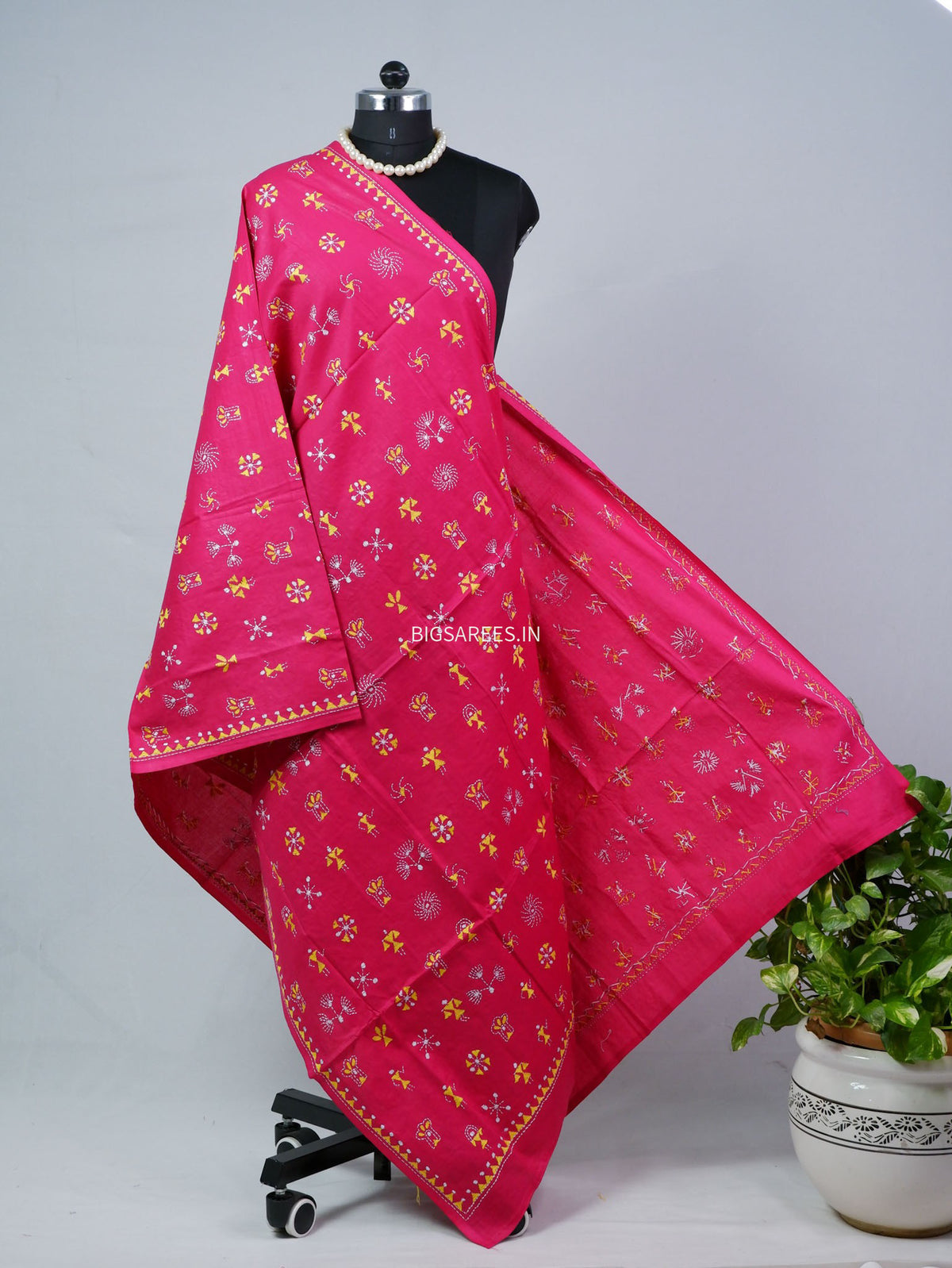 Hand-Embroidered Kantha - Stitch Dupatta | Pure Cotton | Pink