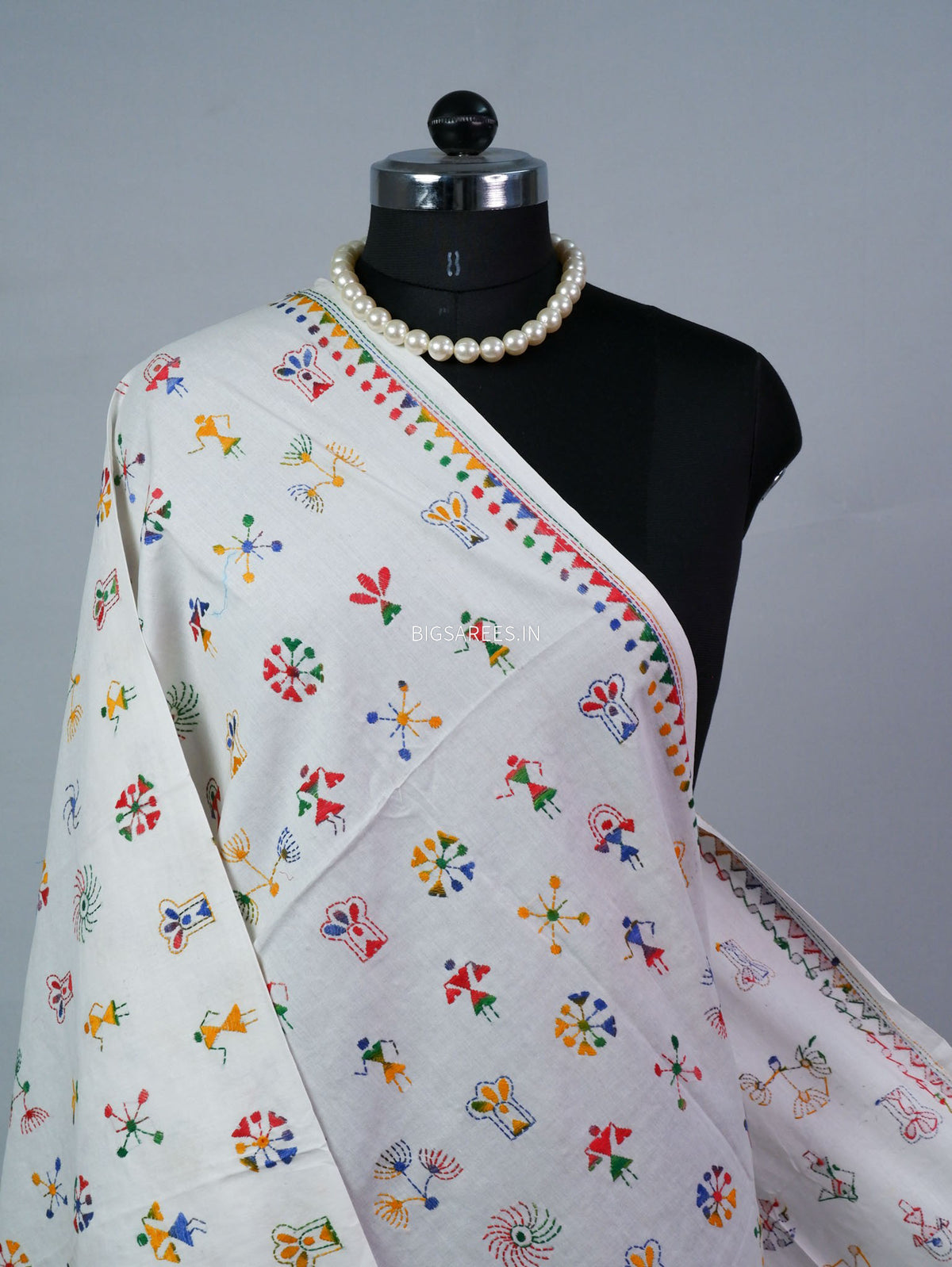Hand-Embroidered Kantha - Stitch Dupatta | Pure Cotton | White