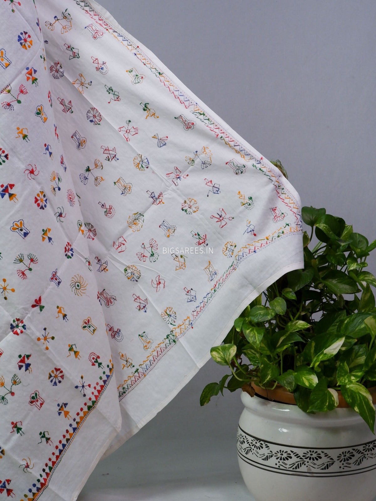 Hand-Embroidered Kantha - Stitch Dupatta | Pure Cotton | White