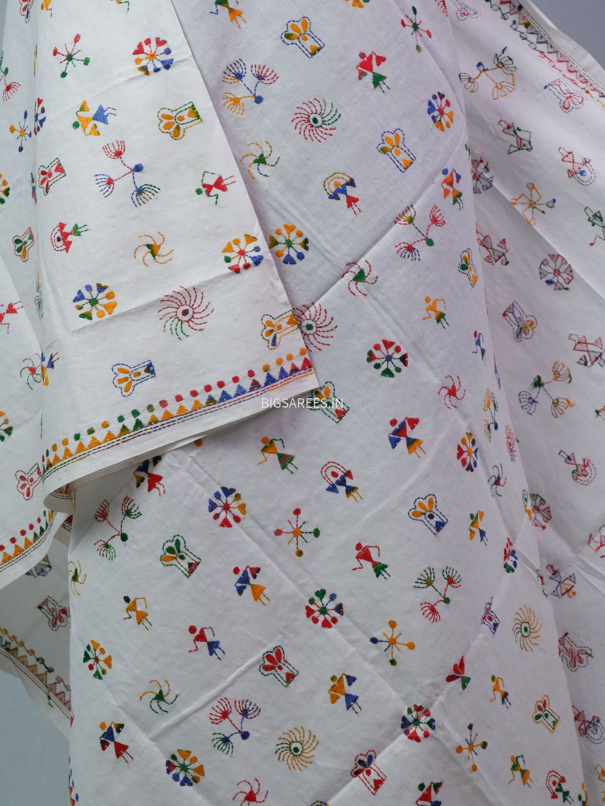 Hand-Embroidered Kantha - Stitch Dupatta | Pure Cotton | White