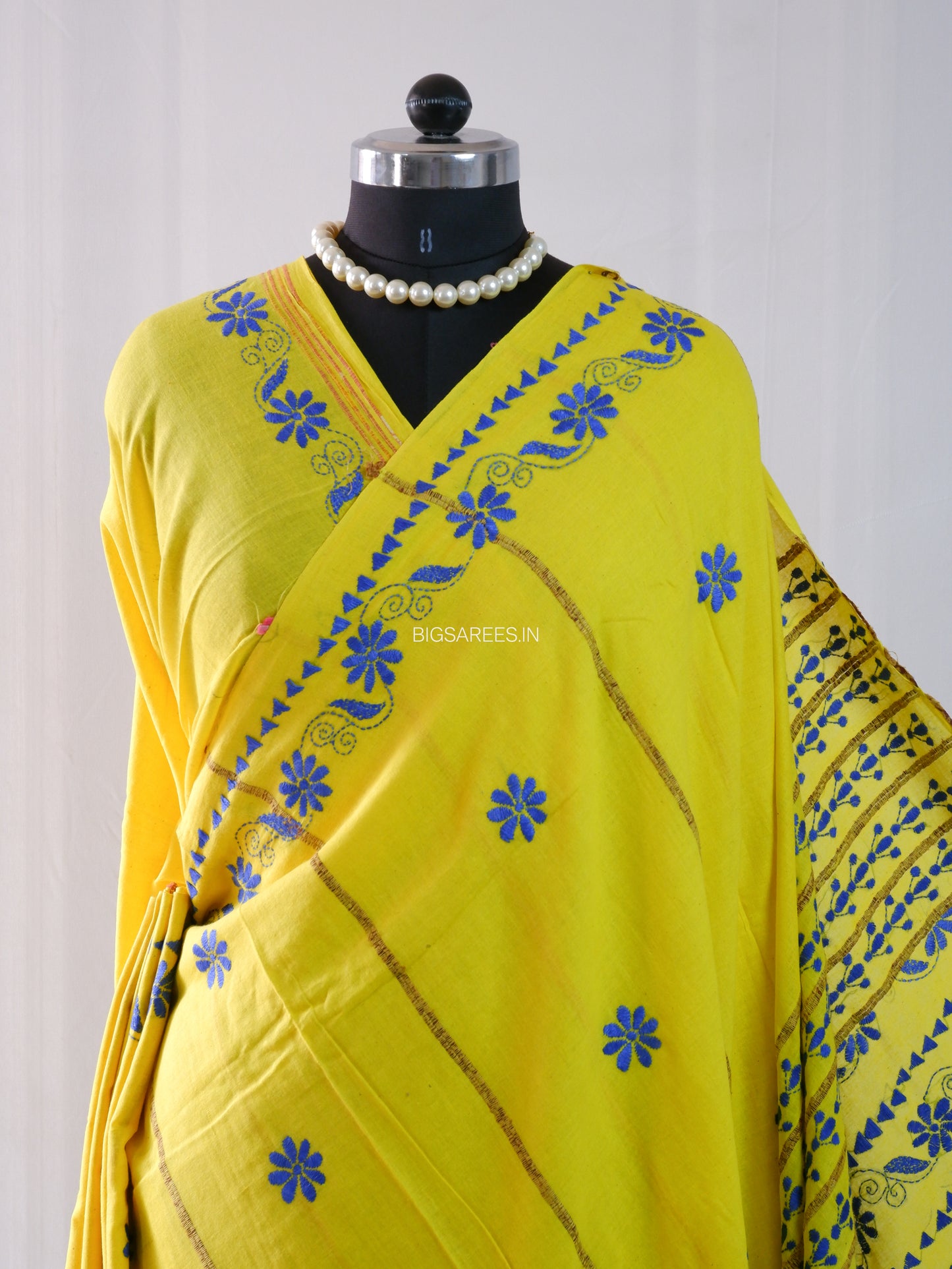 Kantha Stitch Hand-Embroidered Saree | Pure Khesh Cotton | Bright Yellow