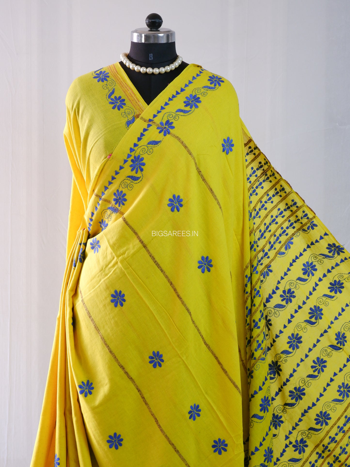 Kantha Stitch Hand-Embroidered Saree | Pure Khesh Cotton | Bright Yellow