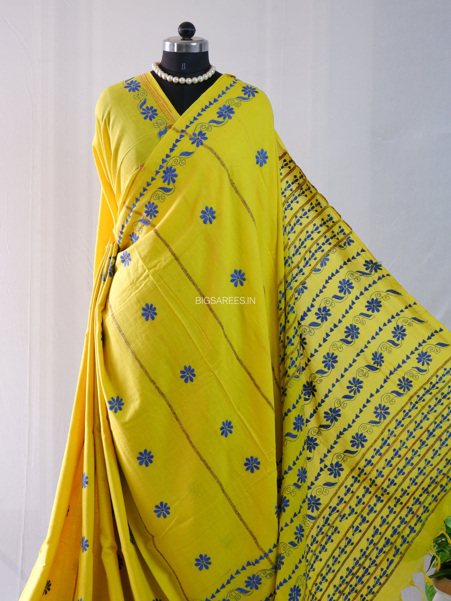 Kantha Stitch Hand-Embroidered Saree | Pure Khesh Cotton | Bright Yellow