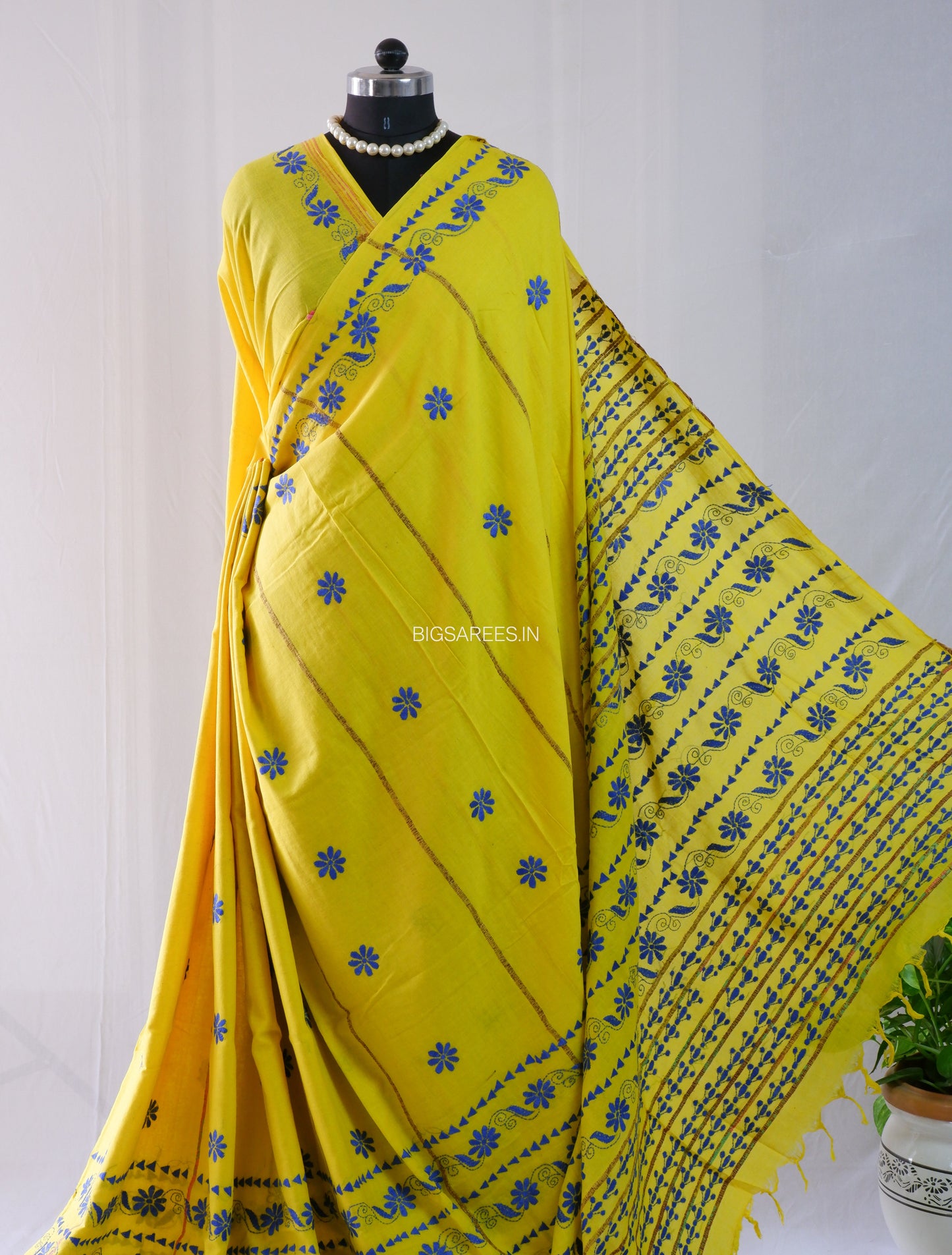 Kantha Stitch Hand-Embroidered Saree | Pure Khesh Cotton | Bright Yellow