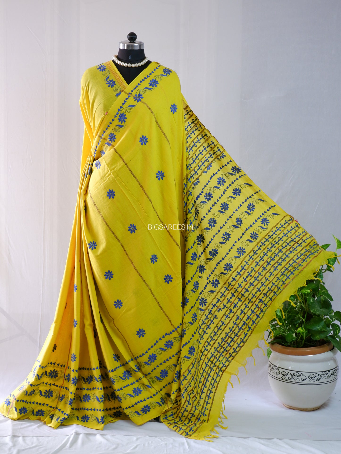 Kantha Stitch Hand-Embroidered Saree | Pure Khesh Cotton | Bright Yellow
