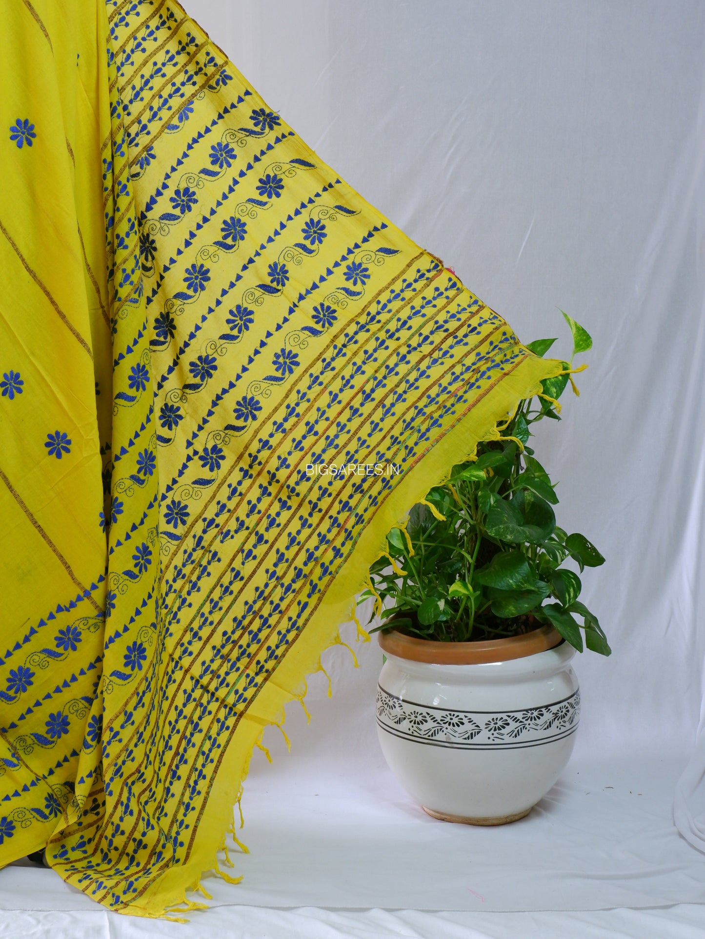 Kantha Stitch Hand-Embroidered Saree | Pure Khesh Cotton | Bright Yellow