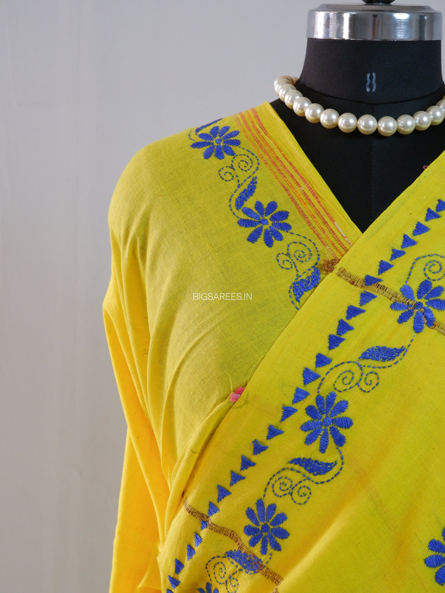 Kantha Stitch Hand-Embroidered Saree | Pure Khesh Cotton | Bright Yellow