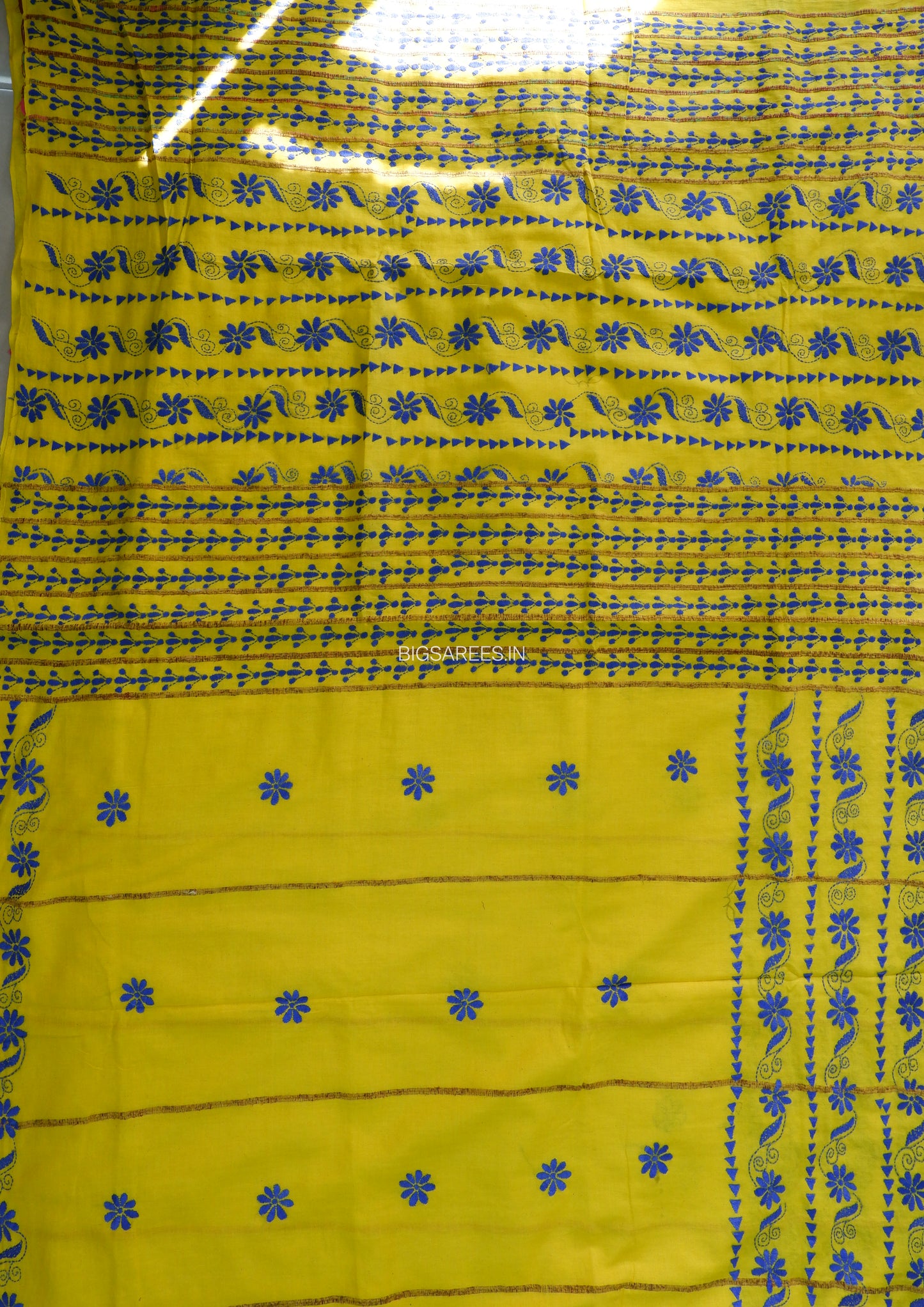 Kantha Stitch Hand-Embroidered Saree | Pure Khesh Cotton | Bright Yellow