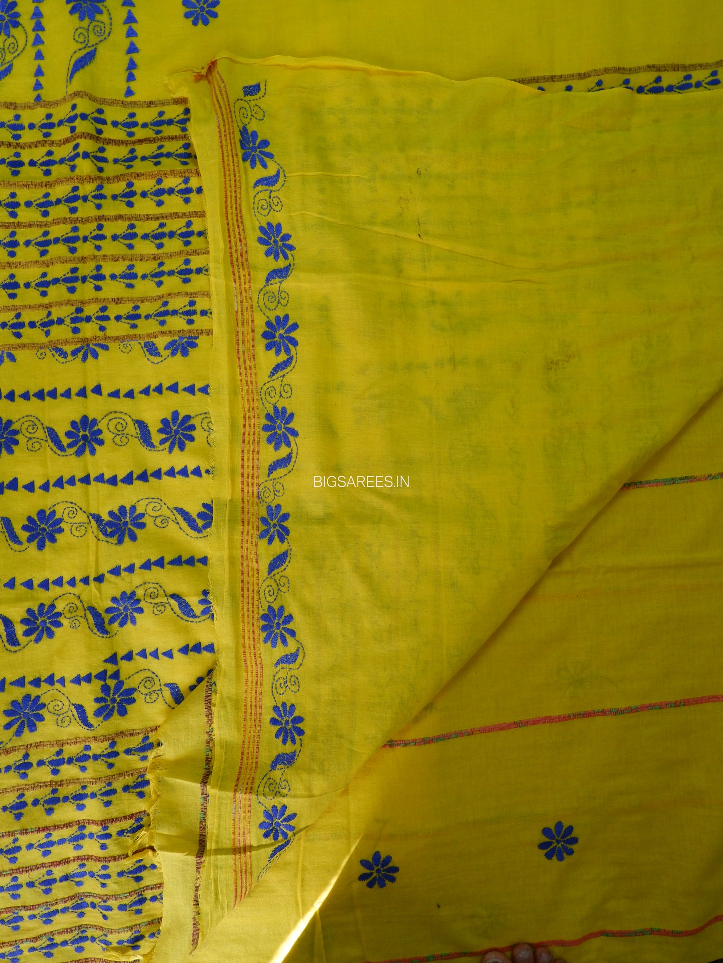 Kantha Stitch Hand-Embroidered Saree | Pure Khesh Cotton | Bright Yellow