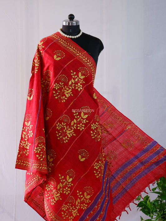 Hand-Embroidered Kantha - Stitch Dupatta | Pure Khesh Cotton | Blood Red