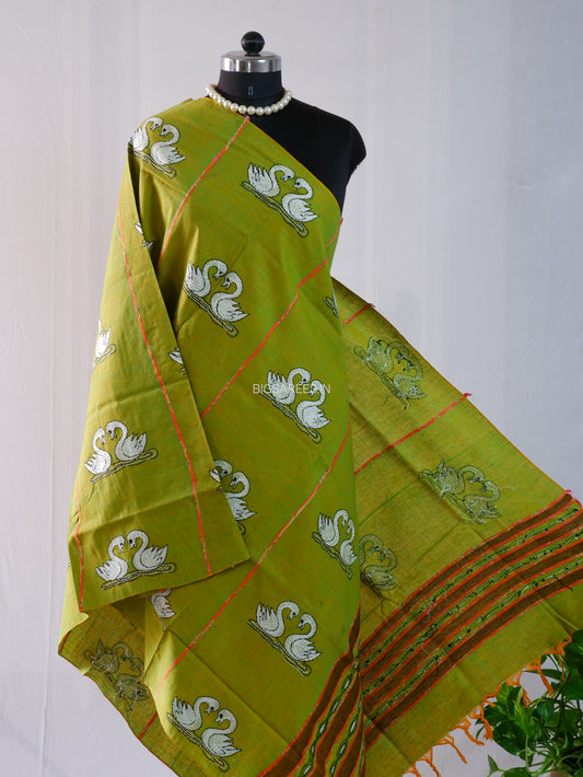 Hand-Embroidered Kantha - Stitch Dupatta | Pure Khesh Cotton | Green