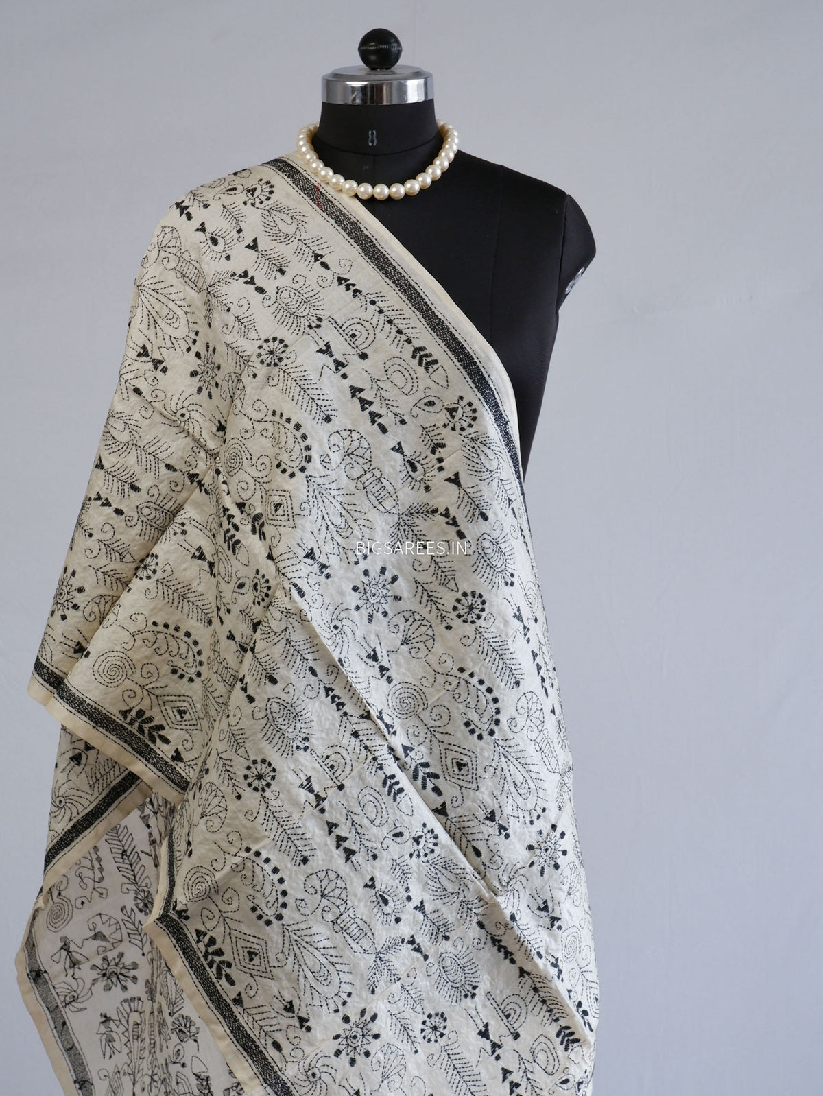 Kantha Pure Tassar Silk Stole | Off white | 21"