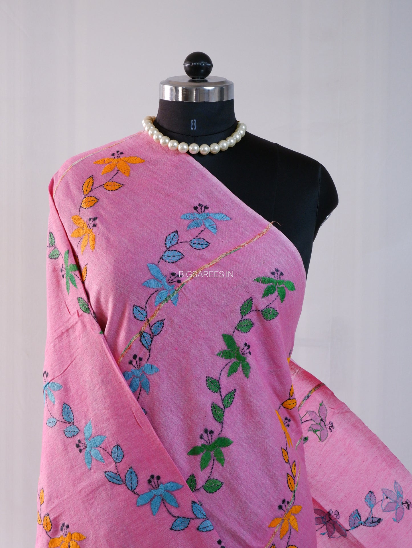 Hand-Embroidered Kantha - Stitch Dupatta | Pure Khesh Cotton | Pink