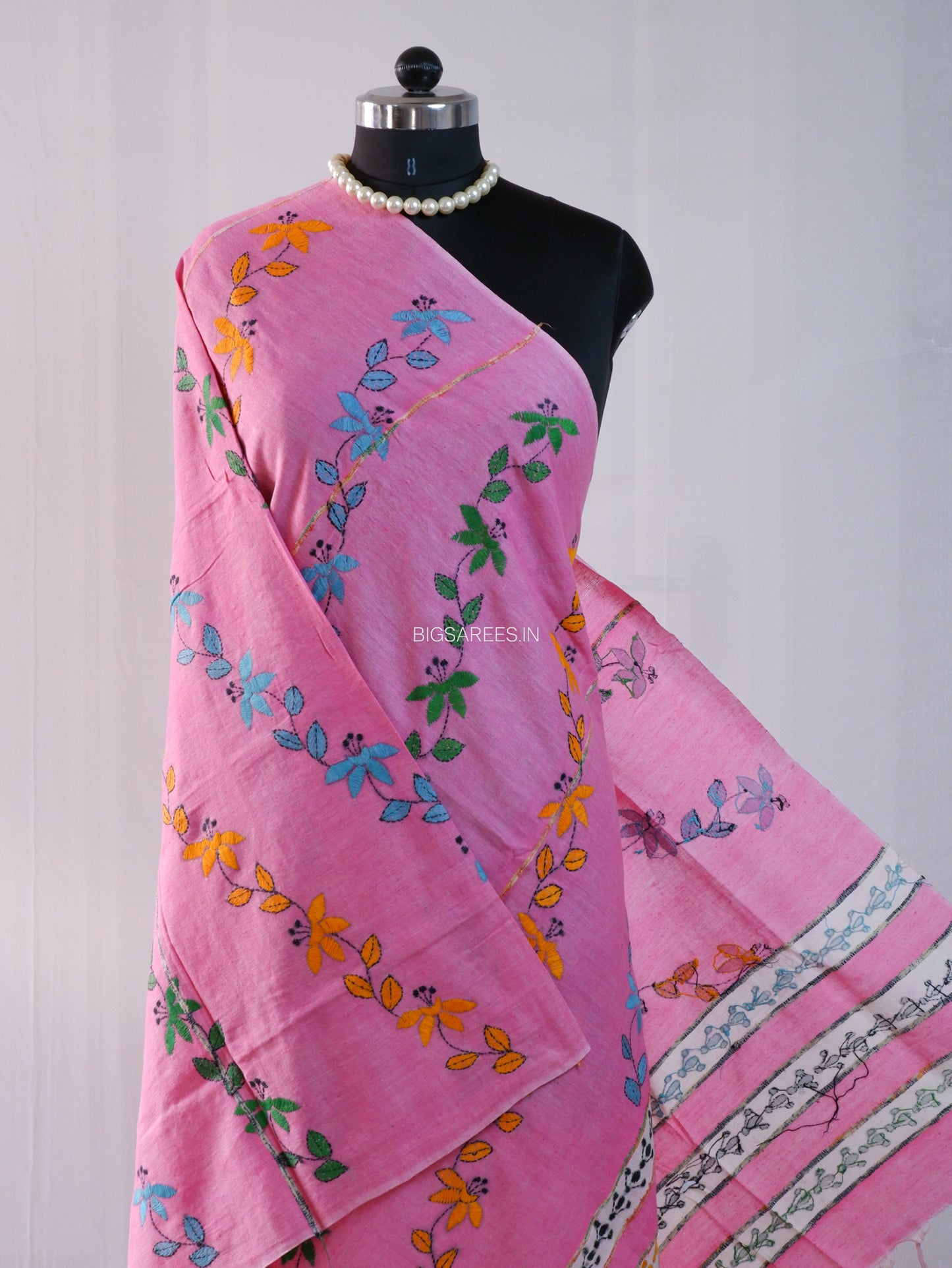 Hand-Embroidered Kantha - Stitch Dupatta | Pure Khesh Cotton | Pink