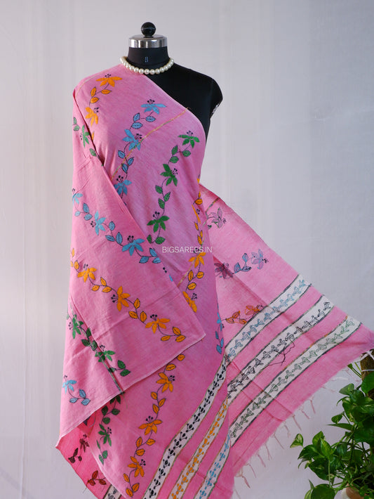 Hand-Embroidered Kantha - Stitch Dupatta | Pure Khesh Cotton | Pink