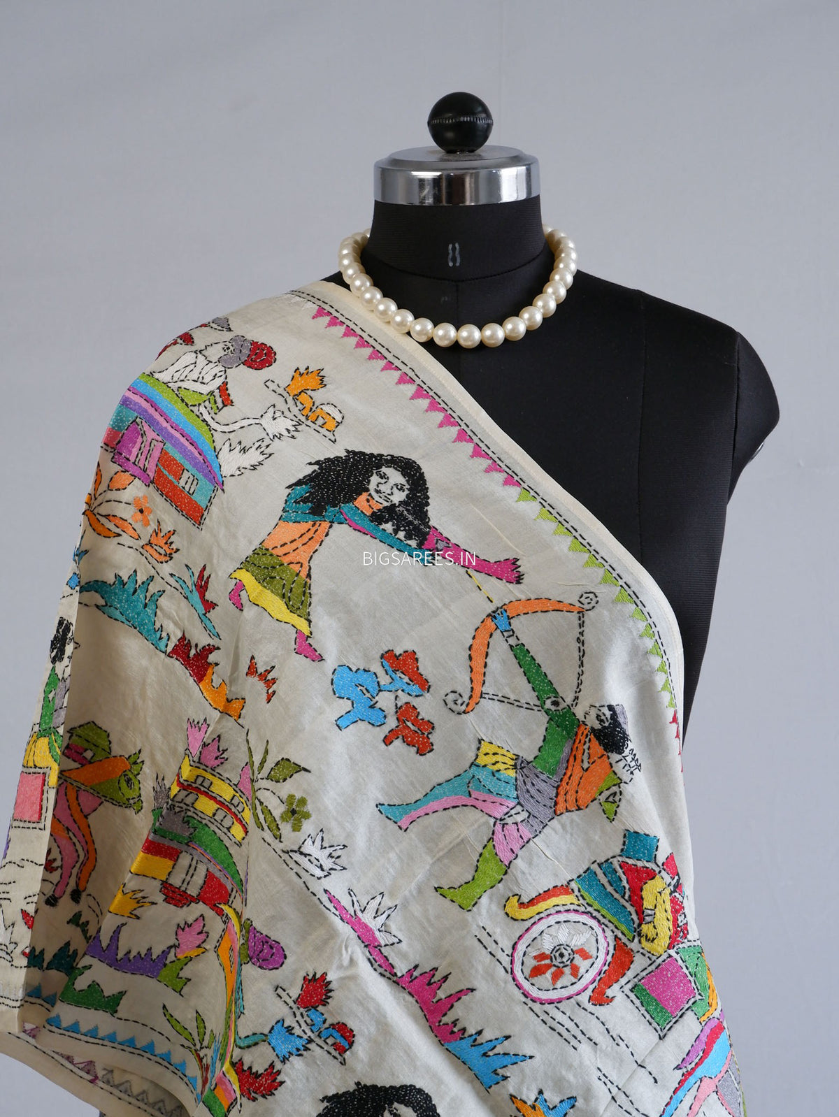 Kantha Pure Tassar Silk Stole | Off white | 22"