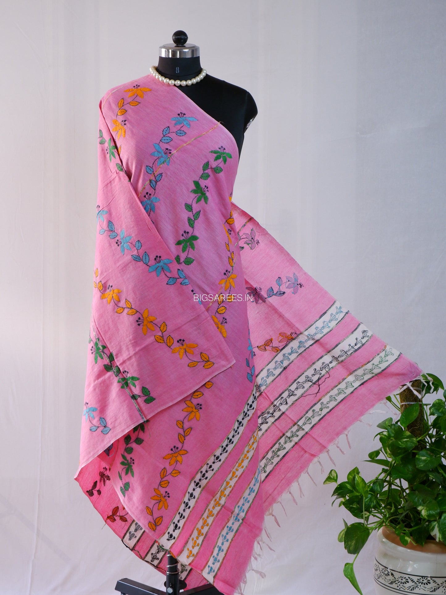 Hand-Embroidered Kantha - Stitch Dupatta | Pure Khesh Cotton | Pink