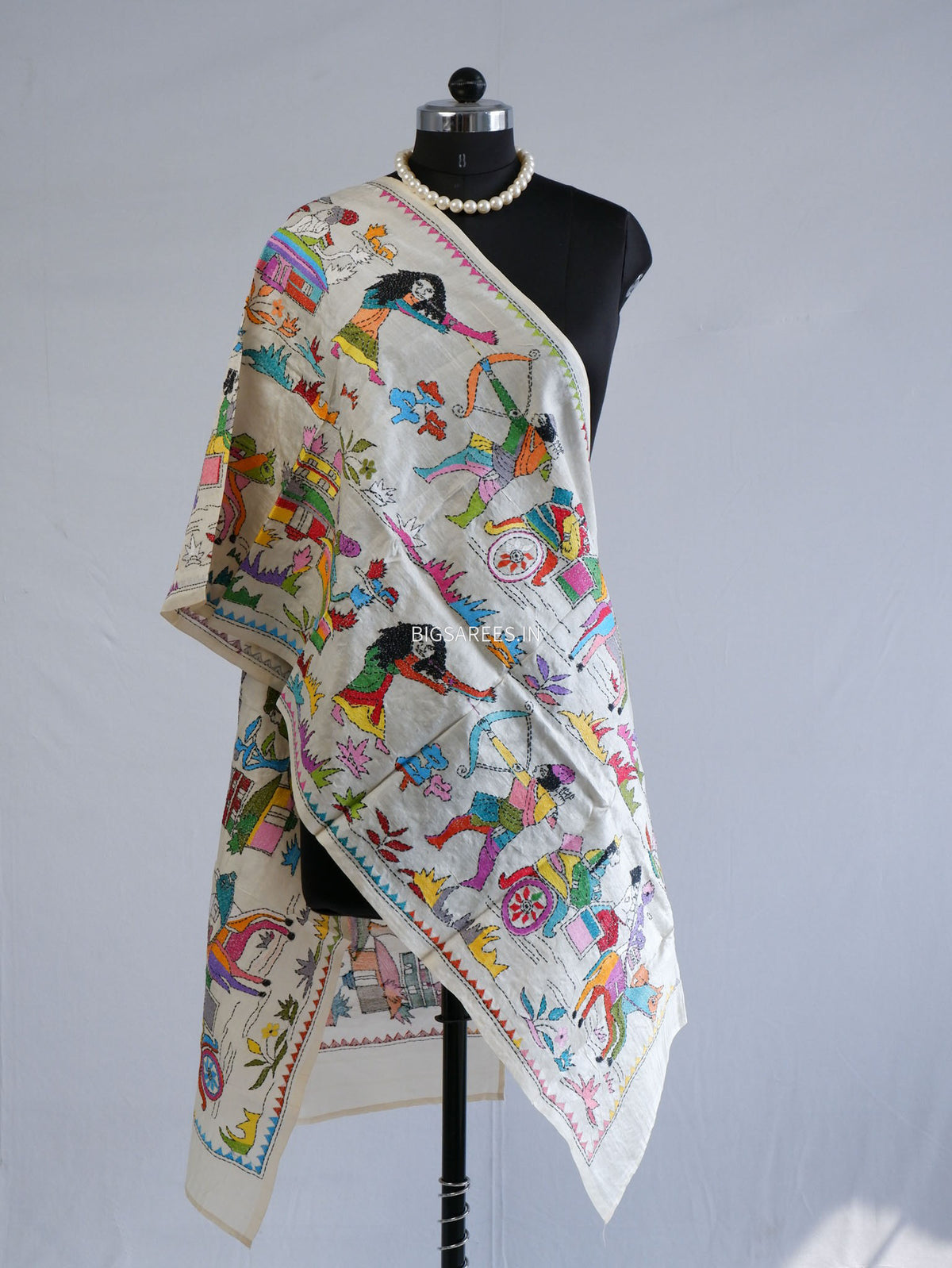 Kantha Pure Tassar Silk Stole | Off white | 22"