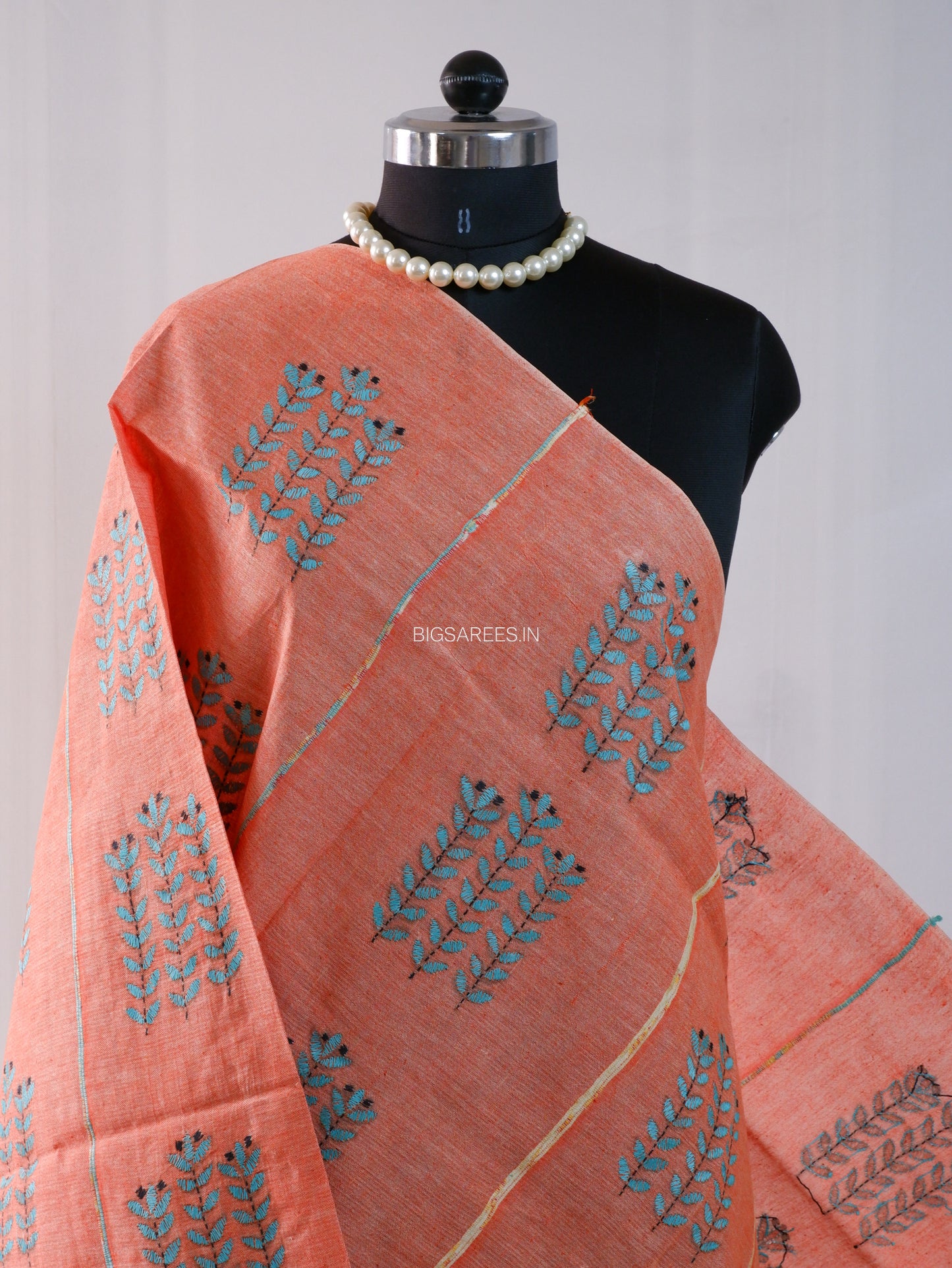 Hand Embroidered Kantha-Stitch Dupatta | Pure Khesh Cotton | Light Orange