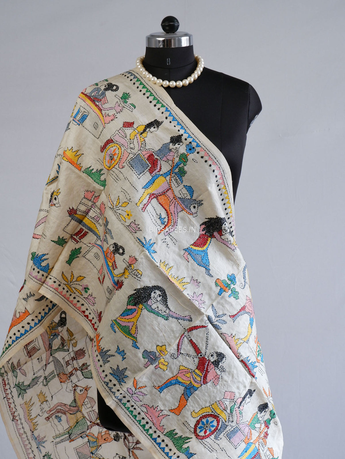 Kantha Pure Tassar Silk Stole | Off white | 22"