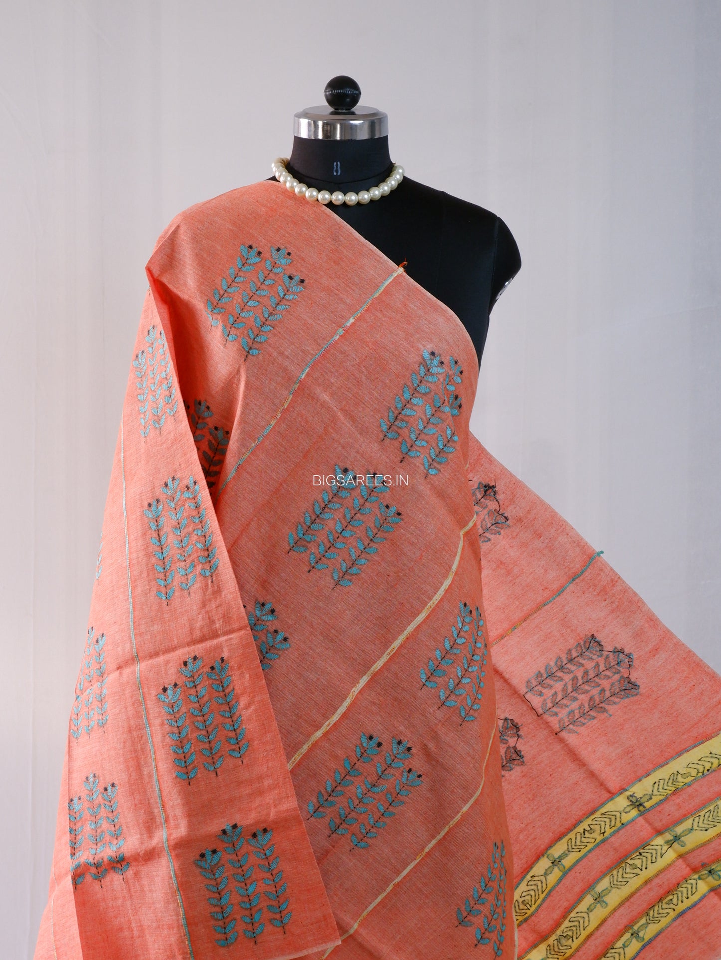 Hand Embroidered Kantha-Stitch Dupatta | Pure Khesh Cotton | Light Orange