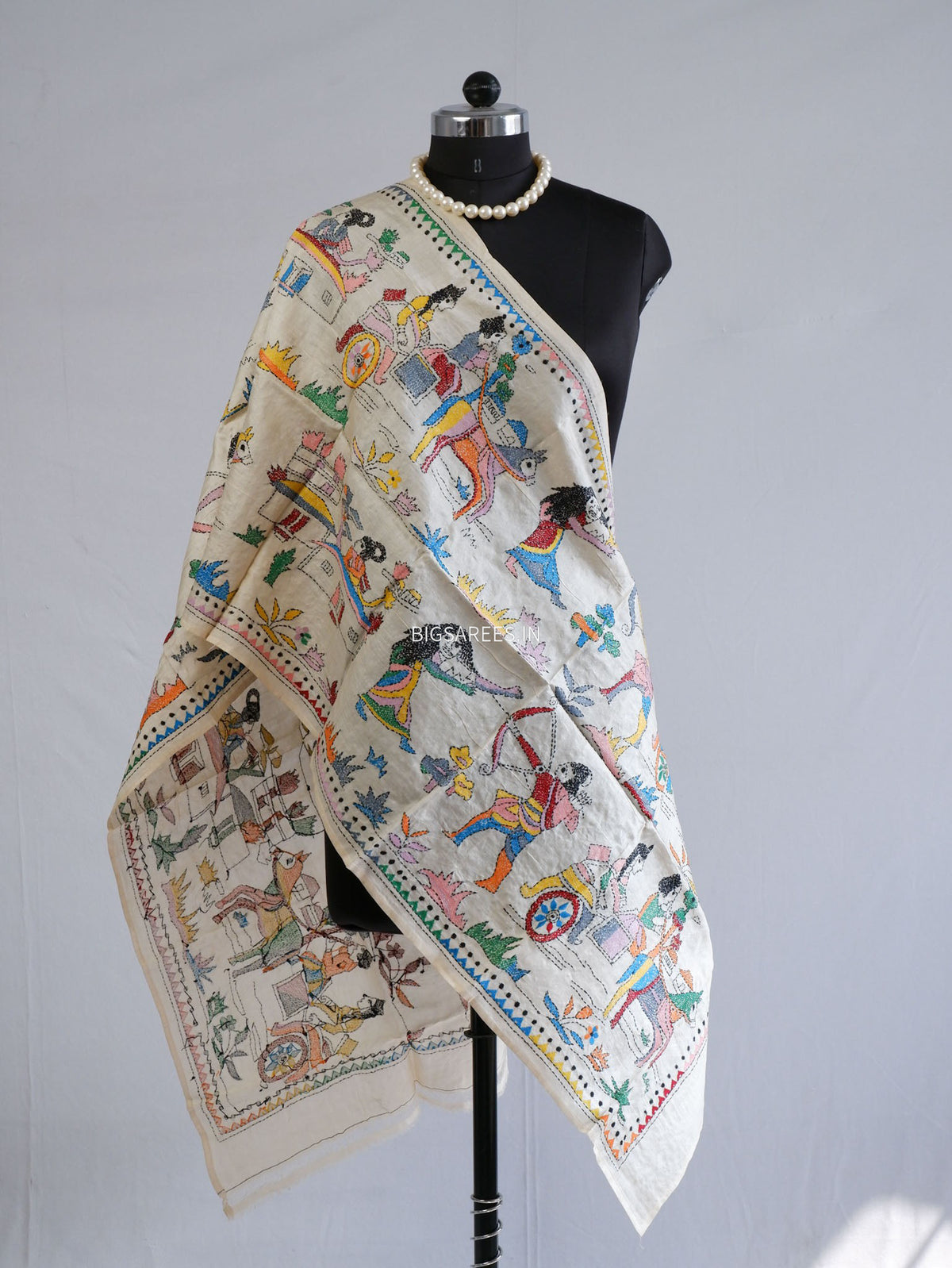 Kantha Pure Tassar Silk Stole | Off white | 22"