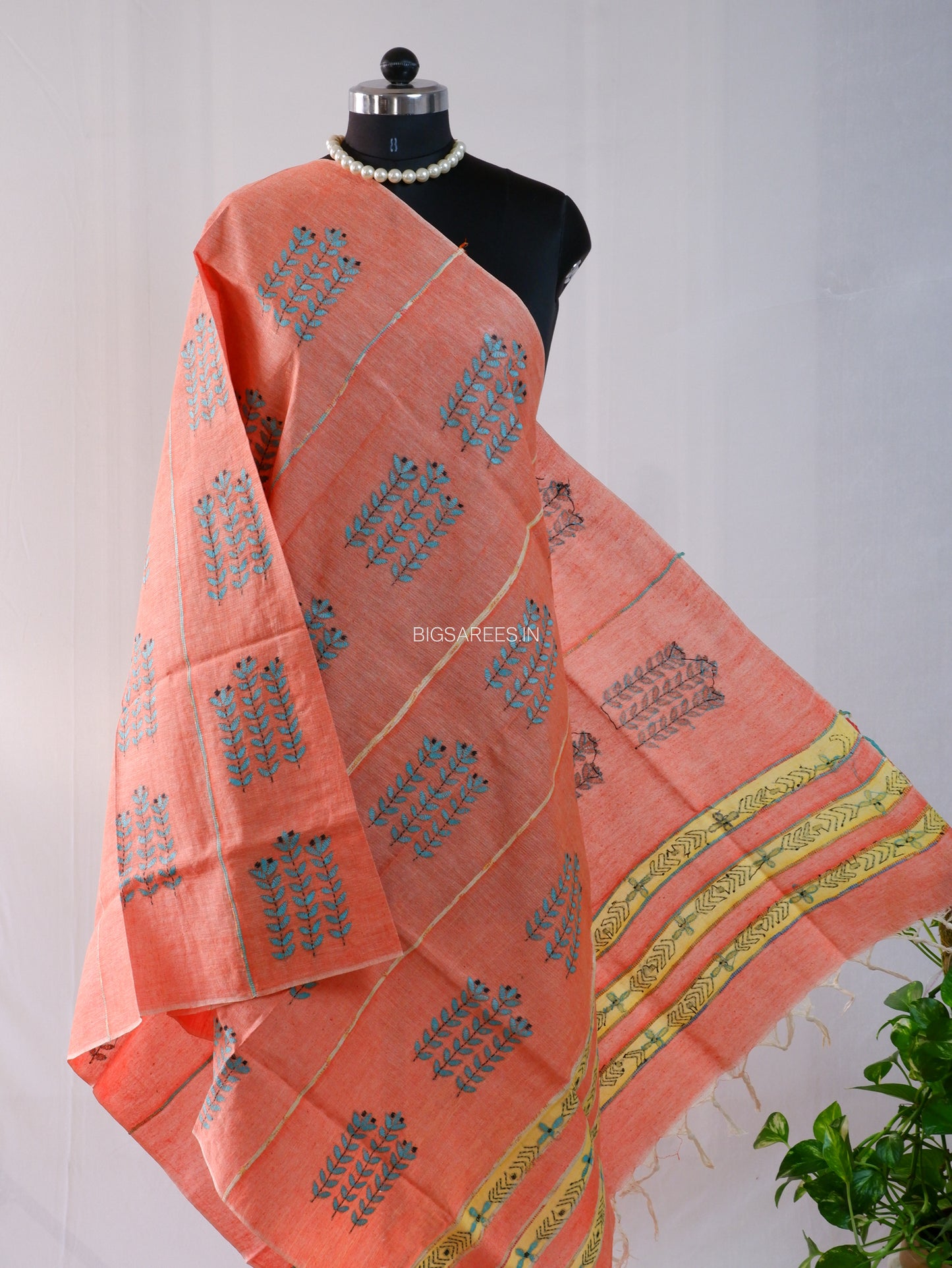 Hand Embroidered Kantha-Stitch Dupatta | Pure Khesh Cotton | Light Orange