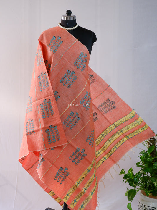 Hand Embroidered Kantha-Stitch Dupatta | Pure Khesh Cotton | Light Orange