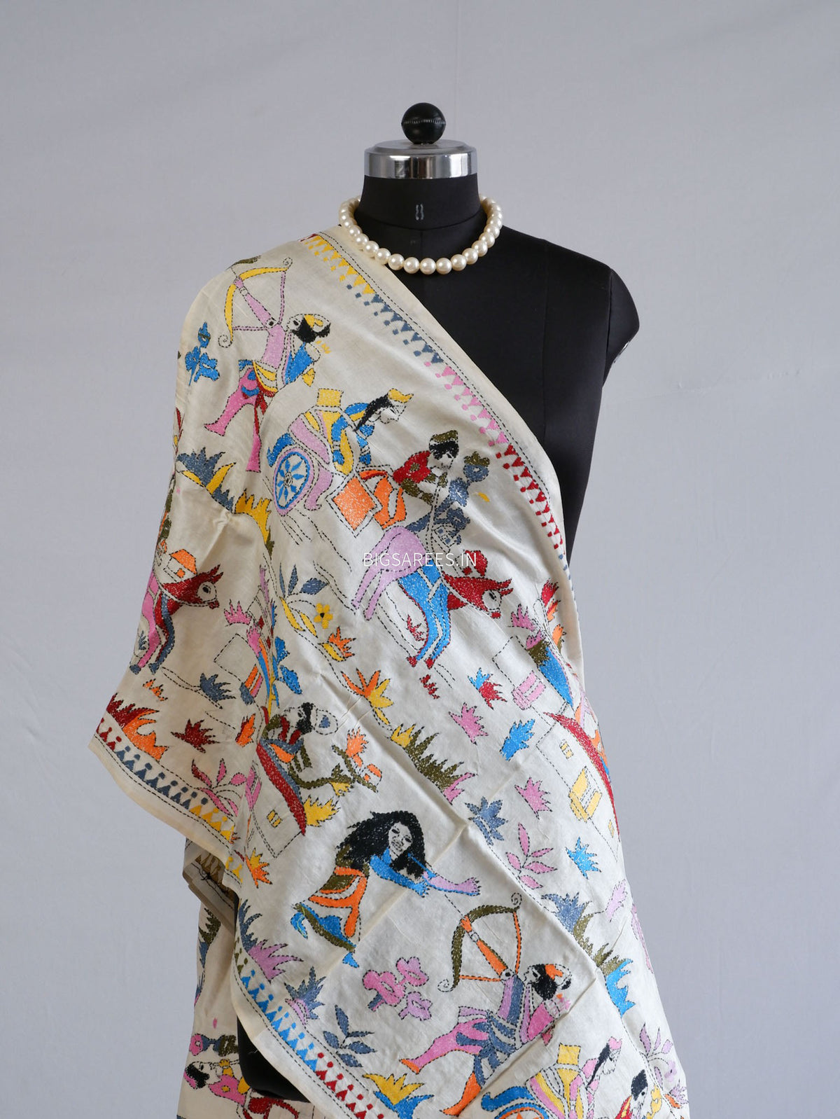 Kantha Pure Tassar Silk Stole | Off white | 22"