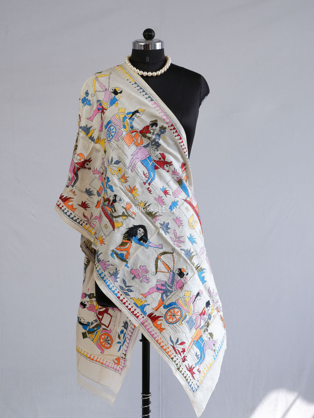 Kantha Pure Tassar Silk Stole | Off white | 22"