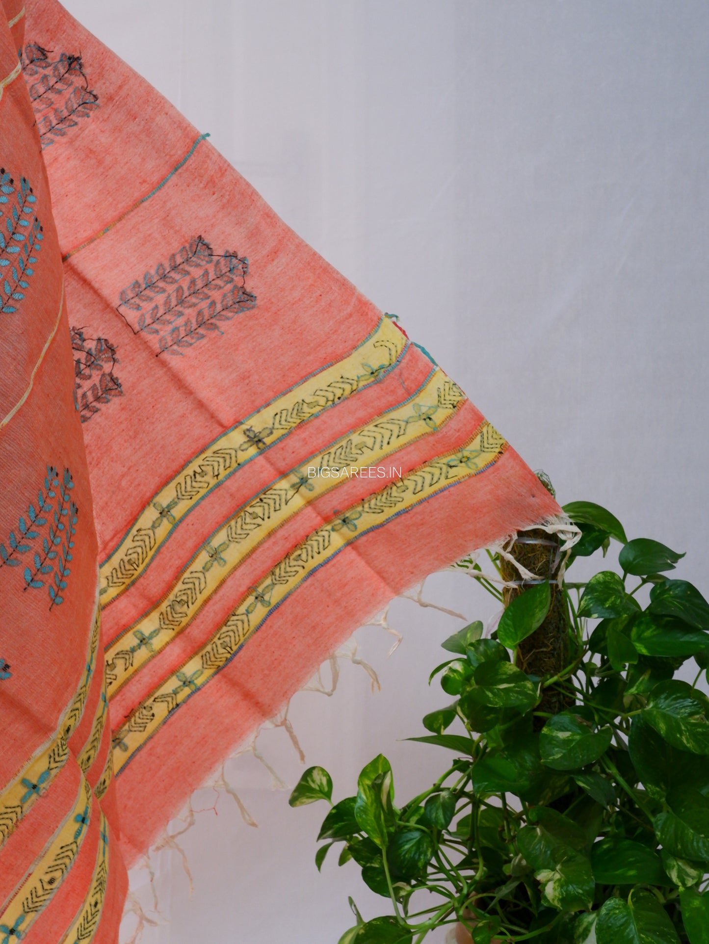 Hand Embroidered Kantha-Stitch Dupatta | Pure Khesh Cotton | Light Orange