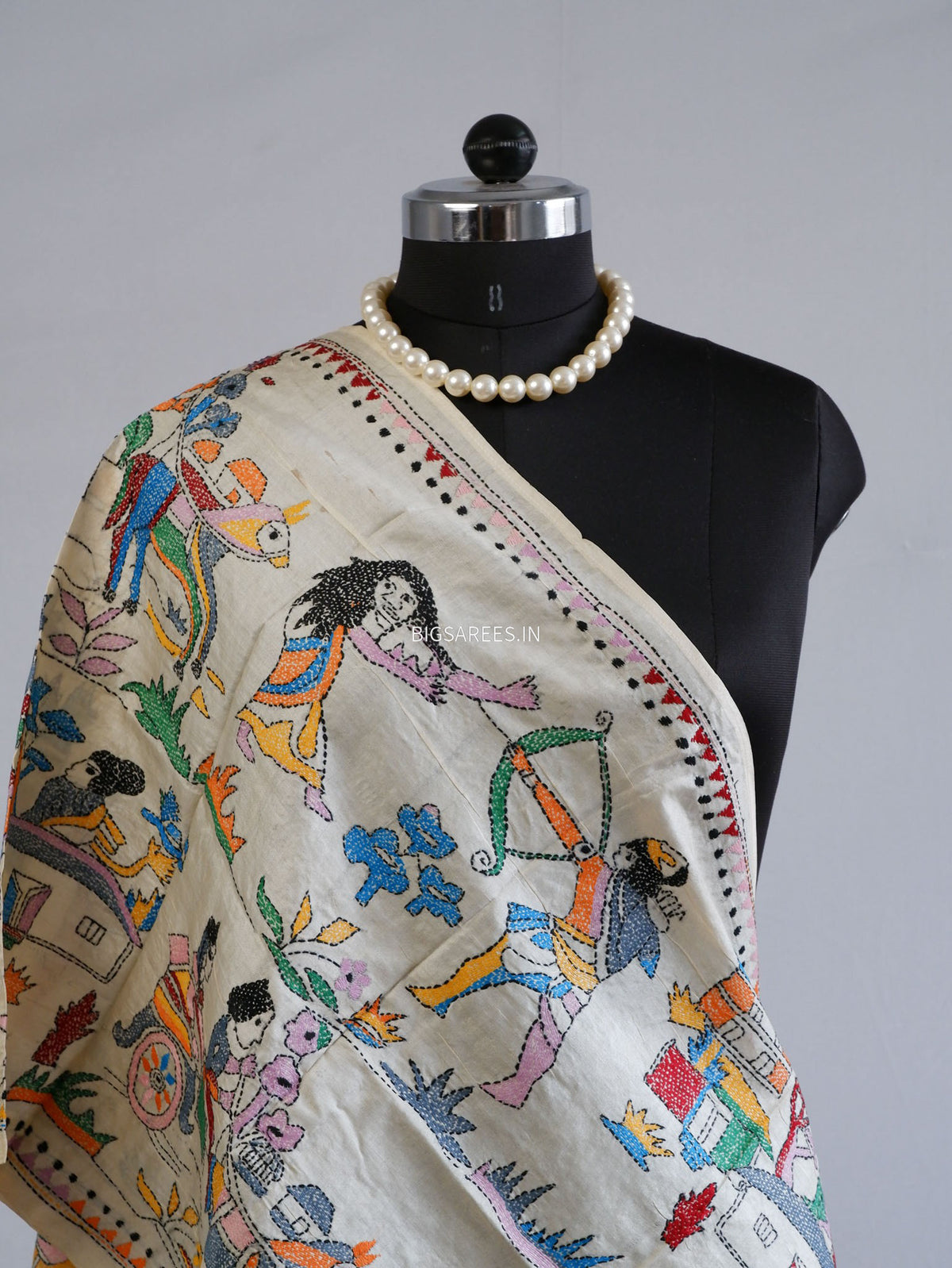 Kantha Pure Tassar Silk Stole | Off white | 22"