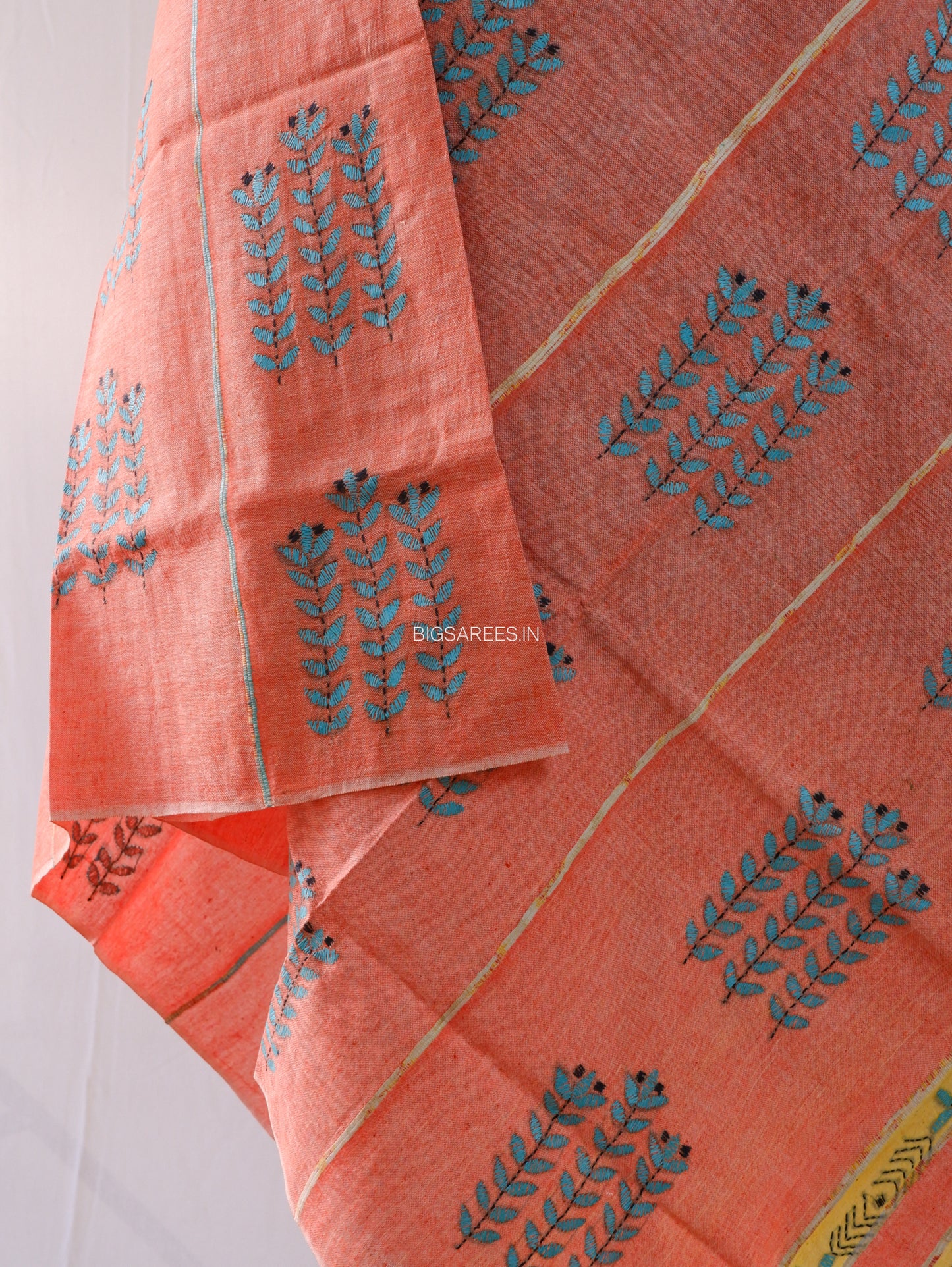 Hand Embroidered Kantha-Stitch Dupatta | Pure Khesh Cotton | Light Orange