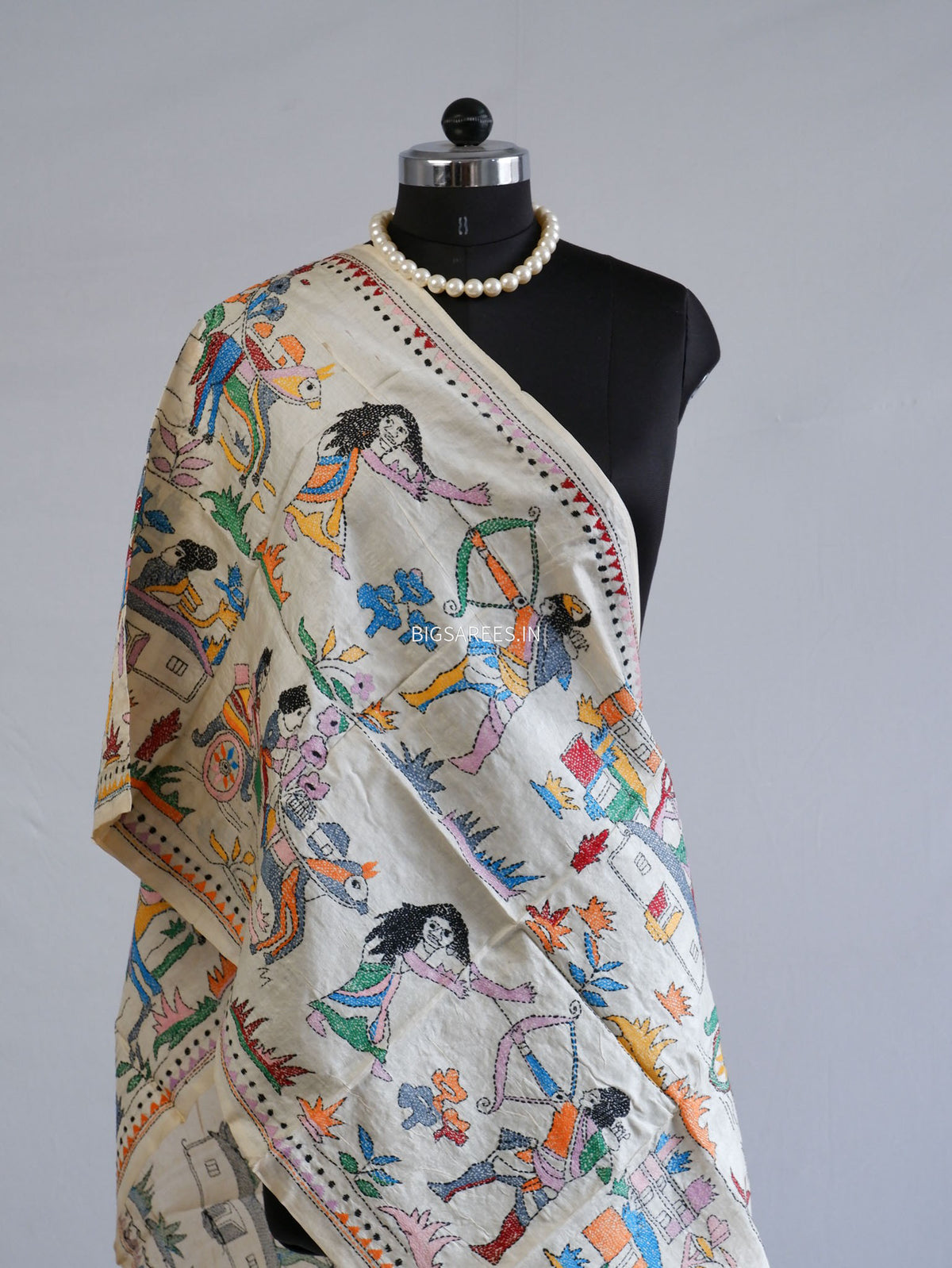 Kantha Pure Tassar Silk Stole | Off white | 22"