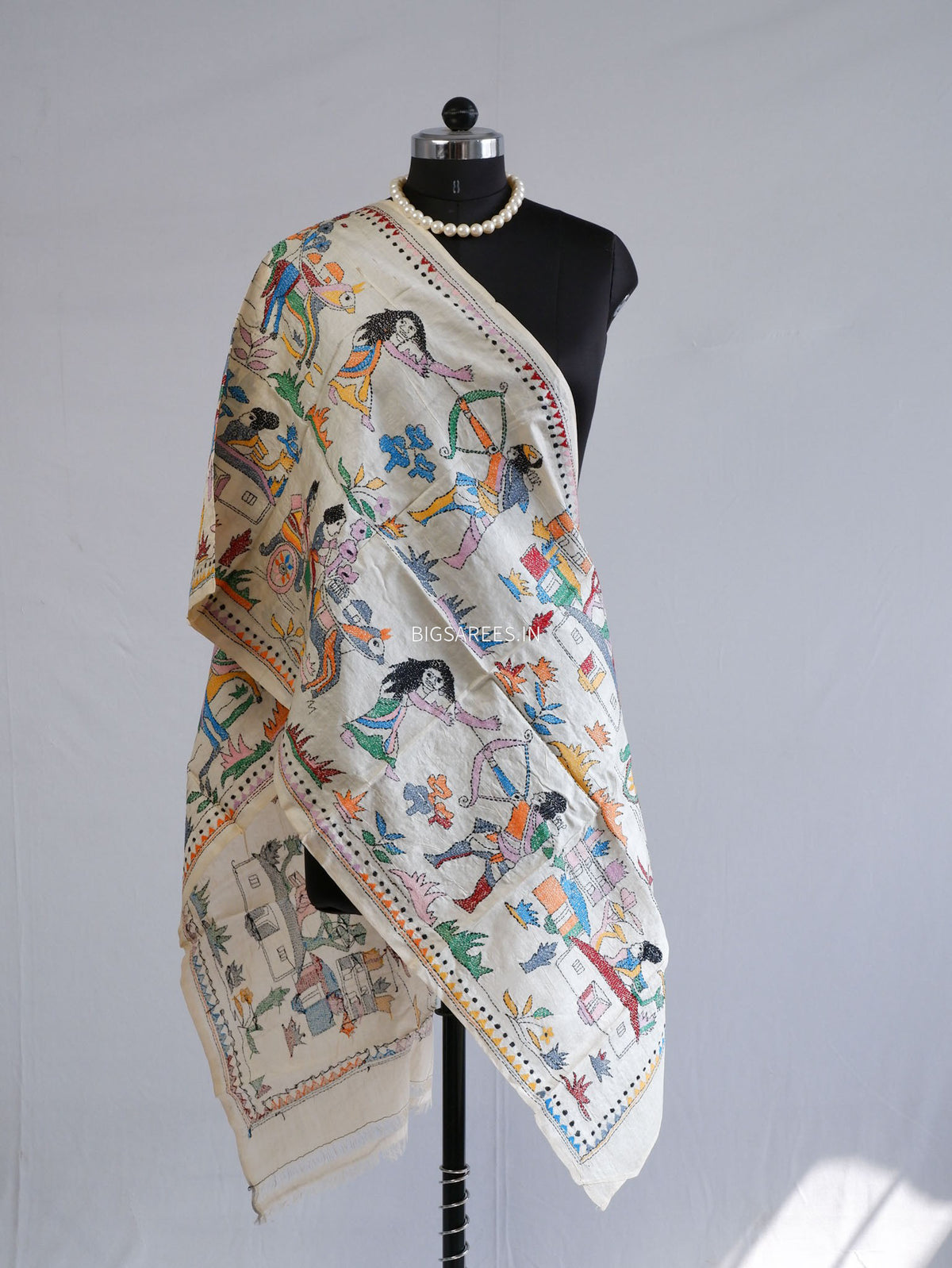 Kantha Pure Tassar Silk Stole | Off white | 22"