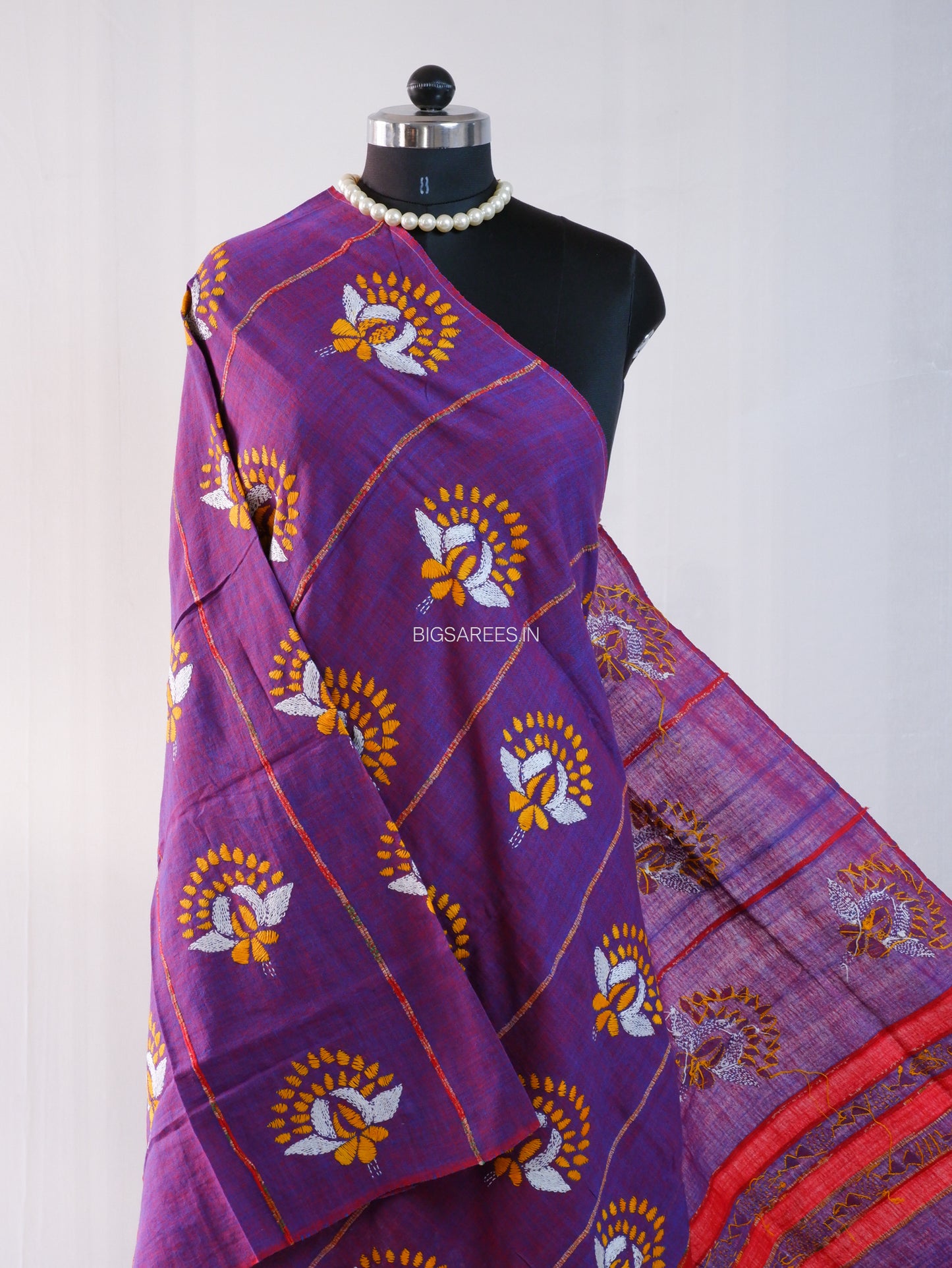 Hand Embroidered Kantha-Stitch Dupatta | Pure Khesh Cotton | Purple