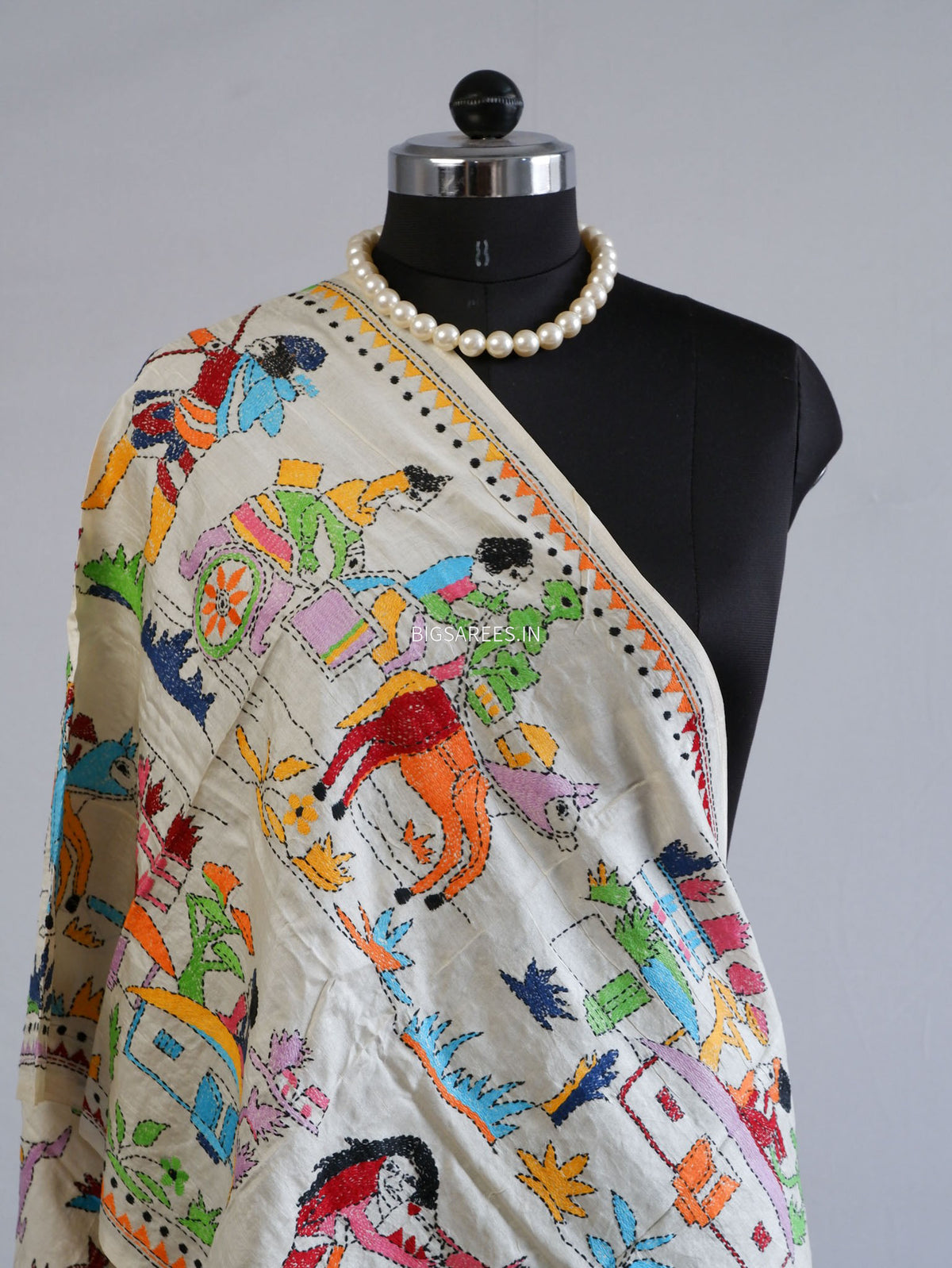 Kantha Pure Tassar Silk Stole | Off white | 22"