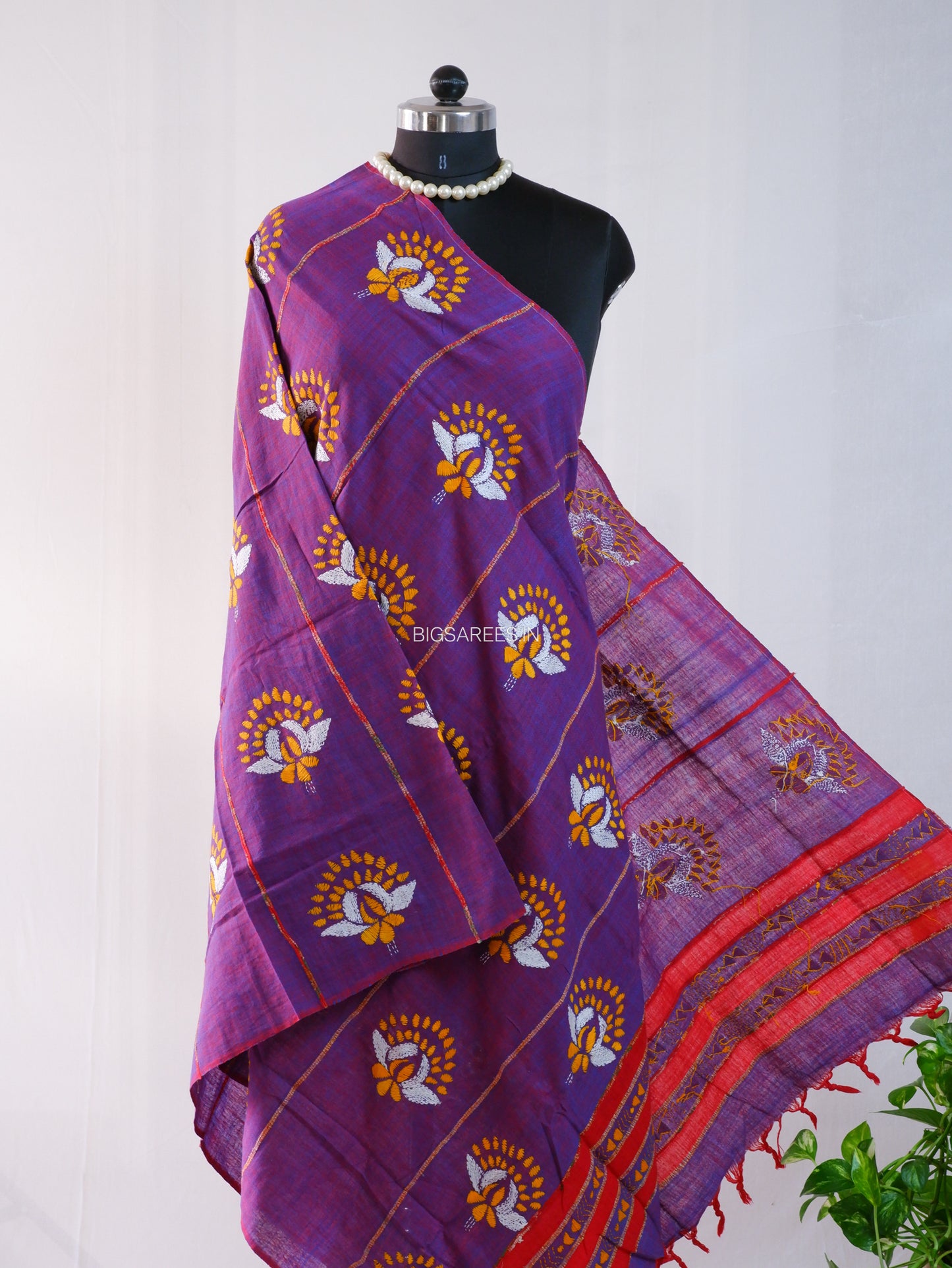 Hand Embroidered Kantha-Stitch Dupatta | Pure Khesh Cotton | Purple