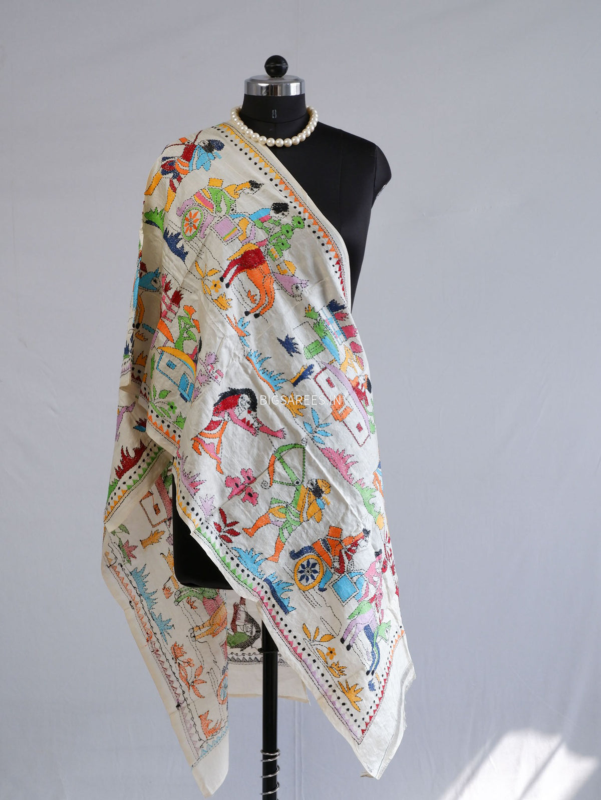 Kantha Pure Tassar Silk Stole | Off white | 22"