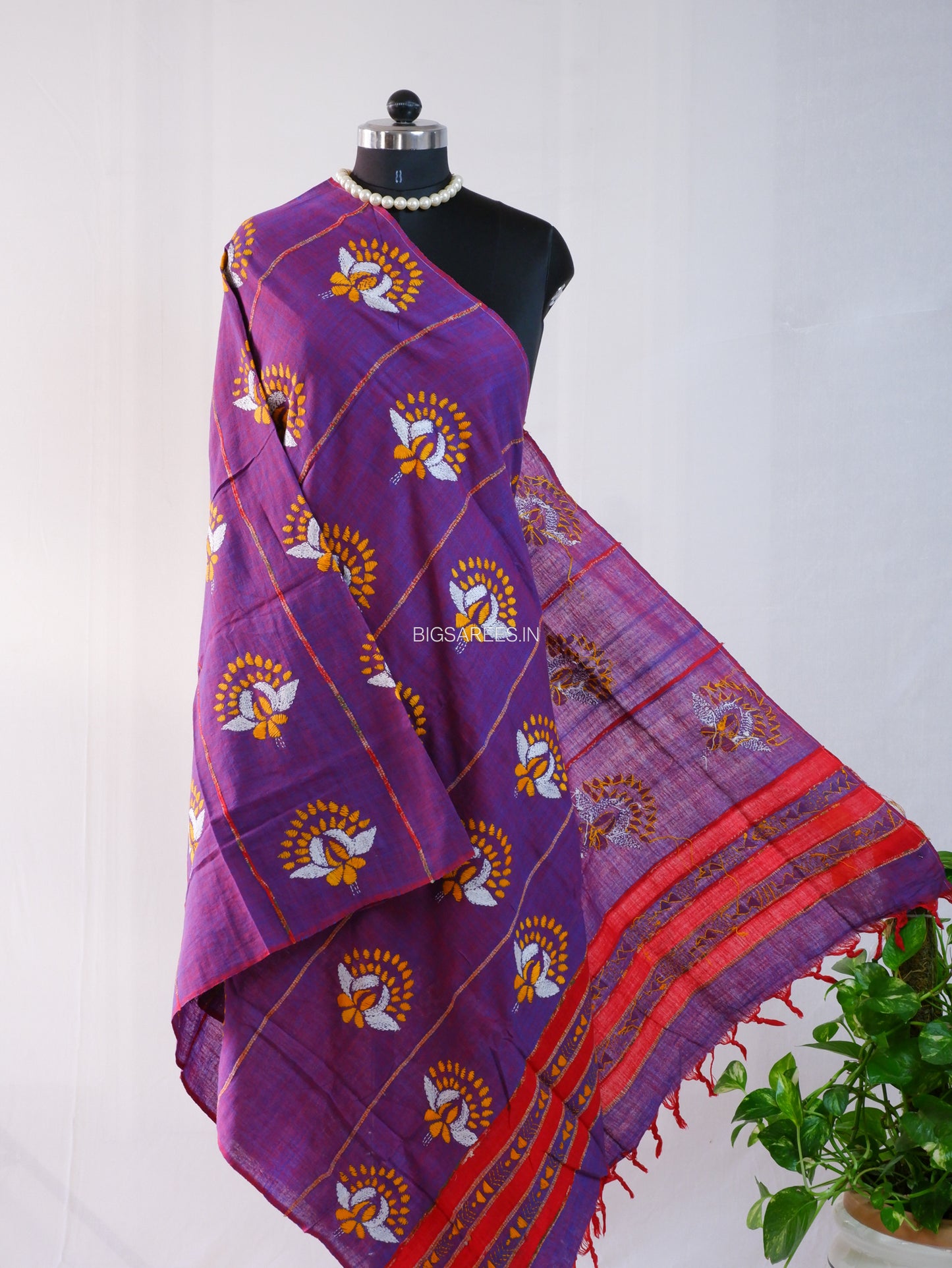 Hand Embroidered Kantha-Stitch Dupatta | Pure Khesh Cotton | Purple