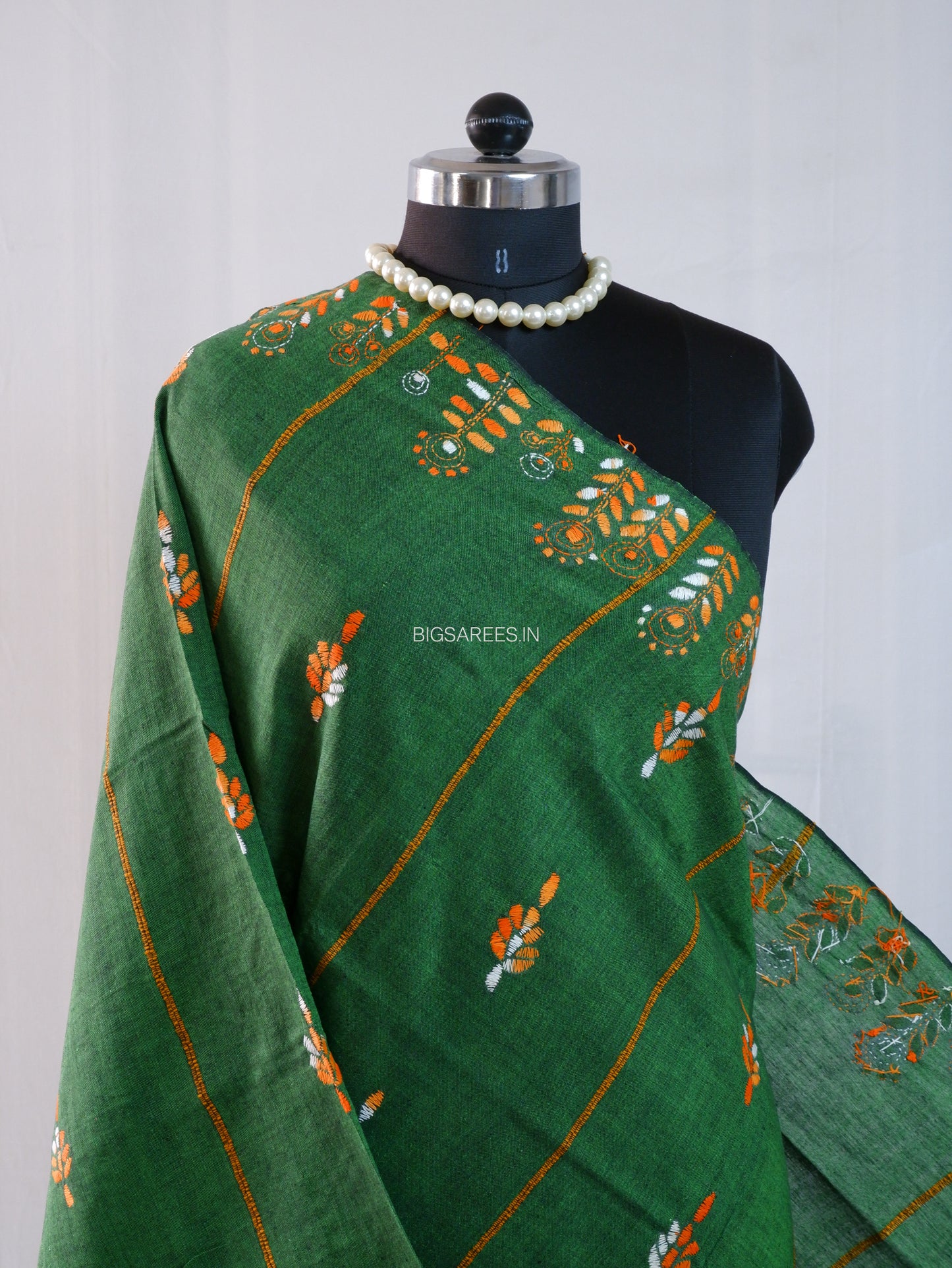 Hand Embroidered Kantha-Stitch Dupatta | Pure Khesh Cotton | Forest Green