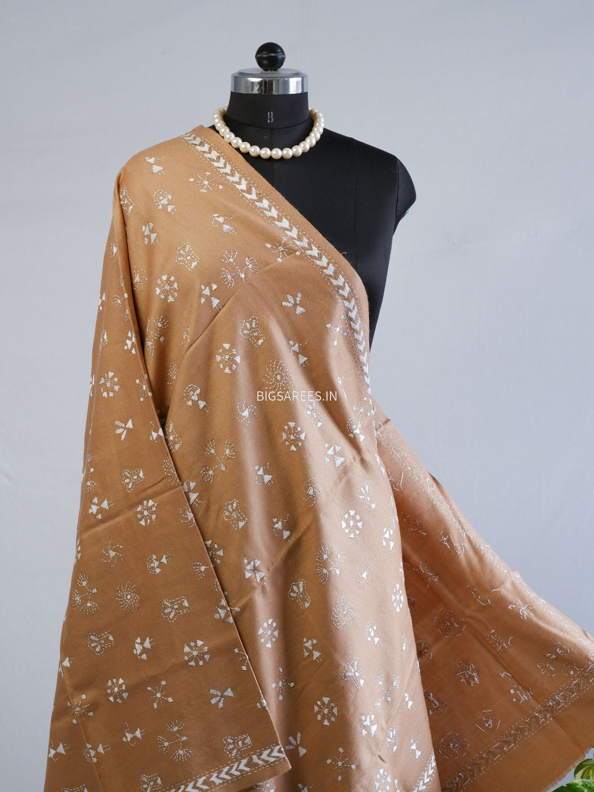 Kantha Stitch Hand-Embroidered Shawl | Woollen | Light Brown