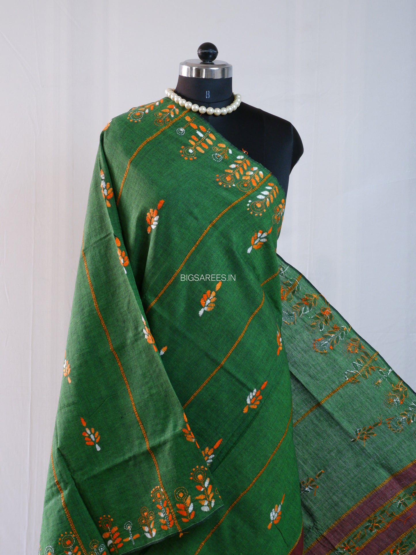 Hand Embroidered Kantha-Stitch Dupatta | Pure Khesh Cotton | Forest Green