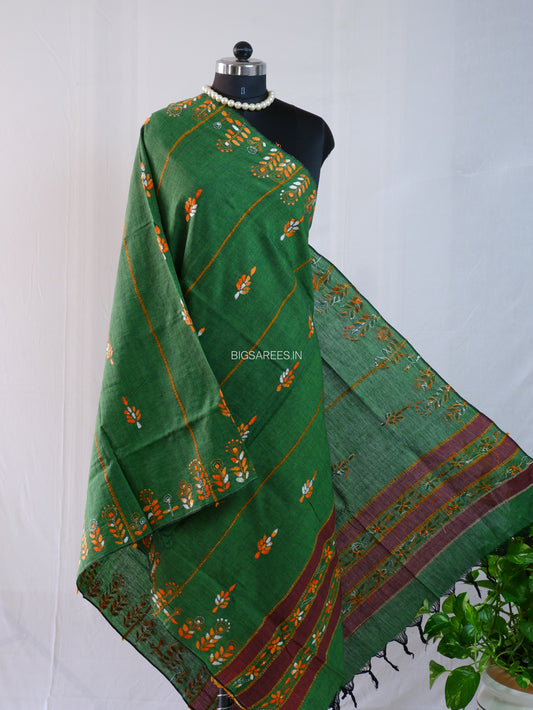 Hand Embroidered Kantha-Stitch Dupatta | Pure Khesh Cotton | Forest Green