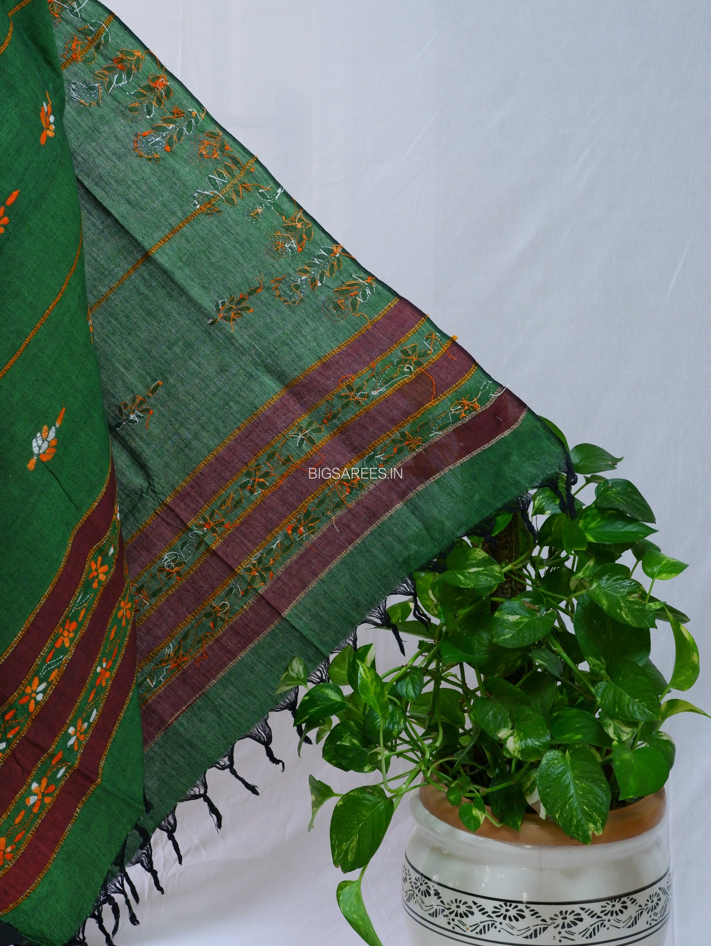 Hand Embroidered Kantha-Stitch Dupatta | Pure Khesh Cotton | Forest Green