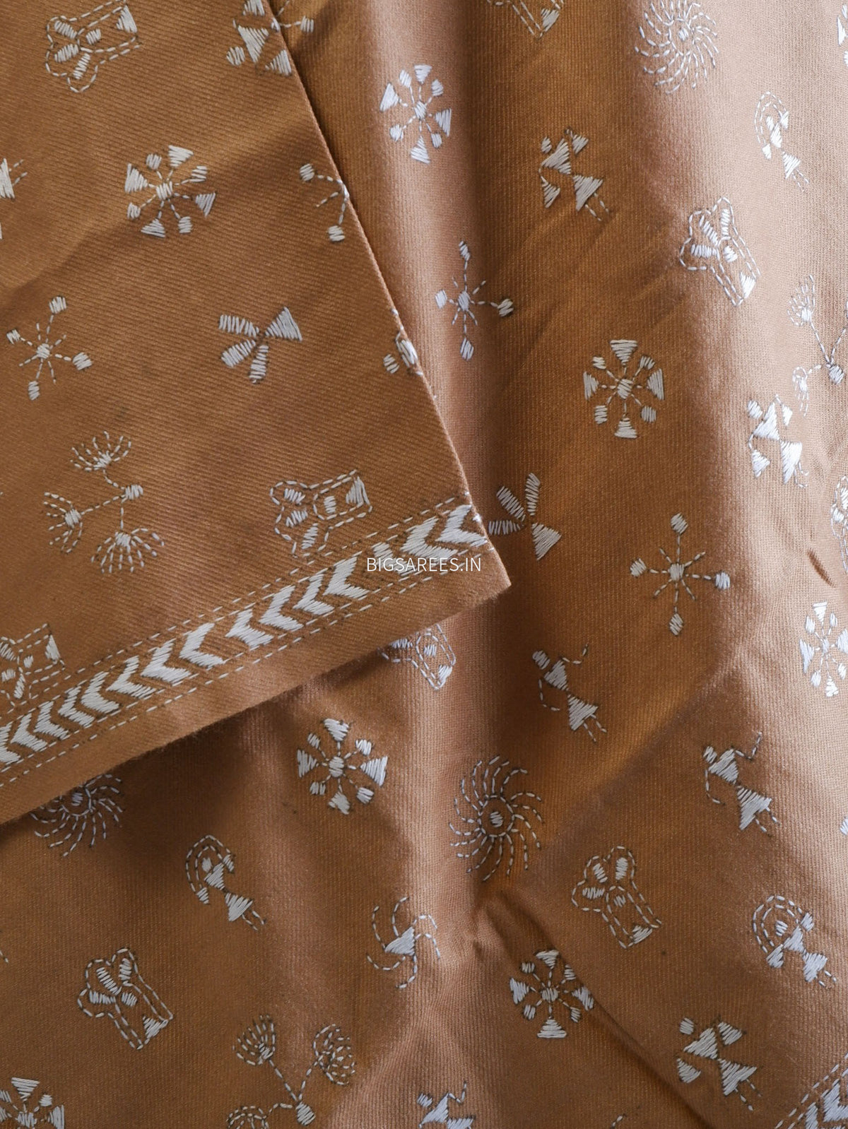 Kantha Stitch Hand-Embroidered Shawl | Woollen | Light Brown