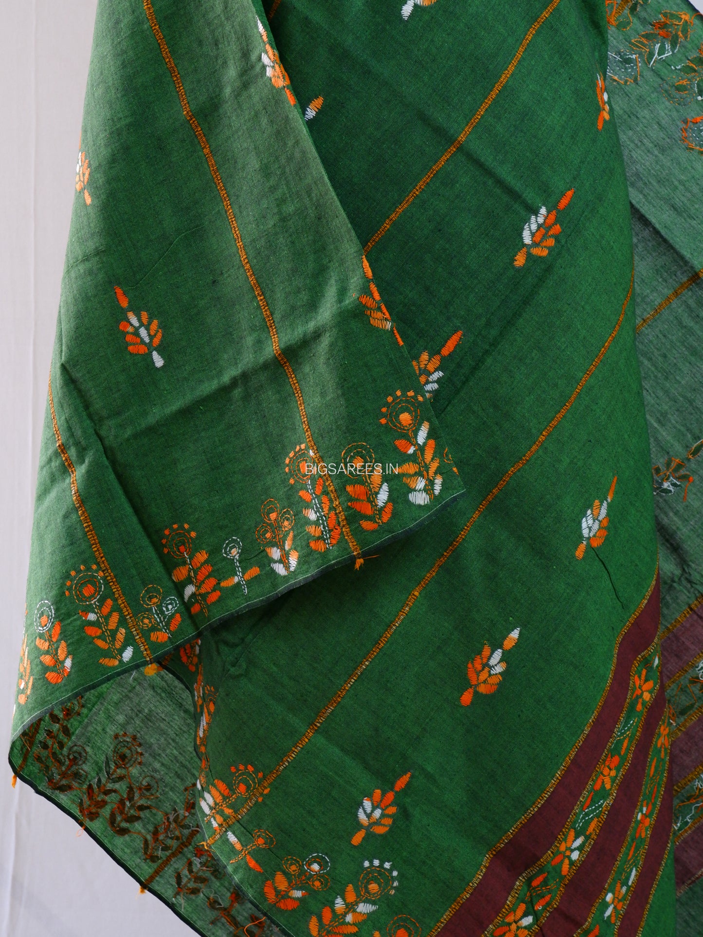 Hand Embroidered Kantha-Stitch Dupatta | Pure Khesh Cotton | Forest Green