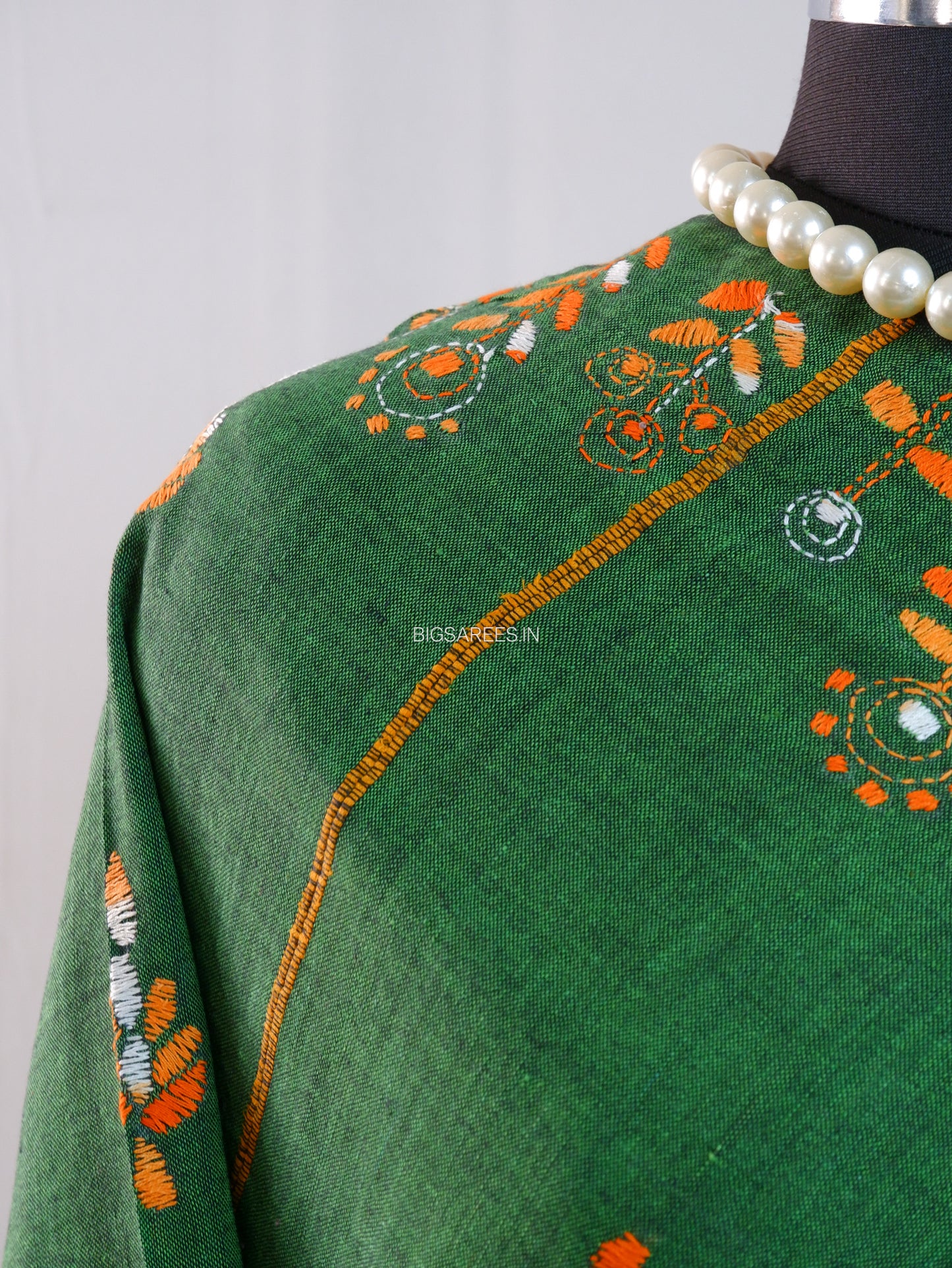 Hand Embroidered Kantha-Stitch Dupatta | Pure Khesh Cotton | Forest Green
