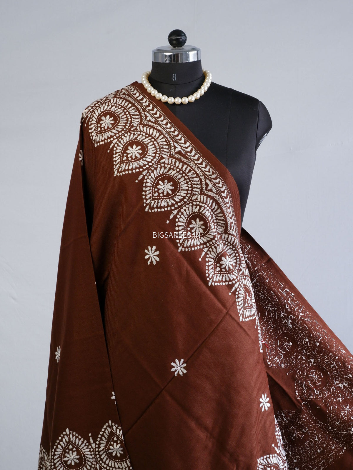 Kantha Stitch Hand-Embroidered Shawl | Woollen | Brown